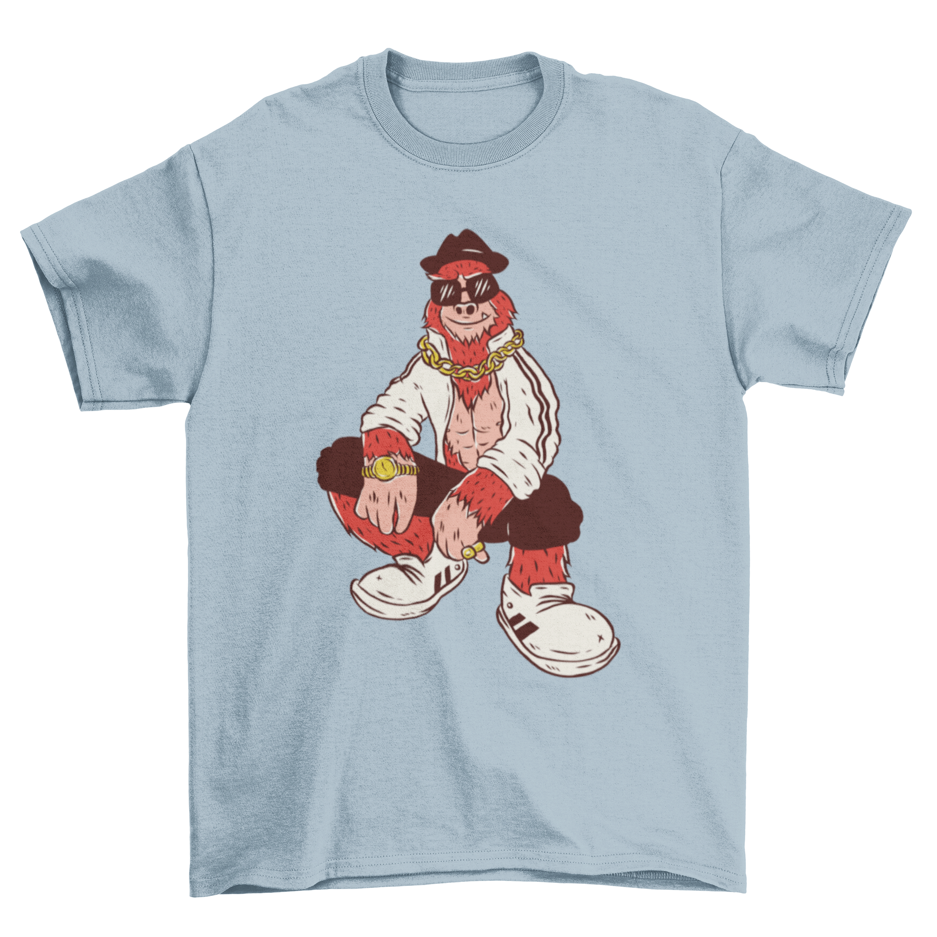 Hip Hop Bigfoot t-shirt featuring Bigfoot in sunglasses, hat, and jewelry.