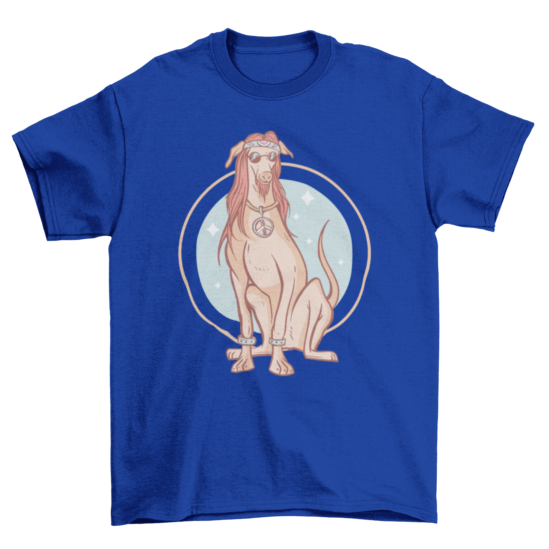 A colorful t-shirt featuring a playful illustration of a hippie dog with sunglasses and a peace sign.