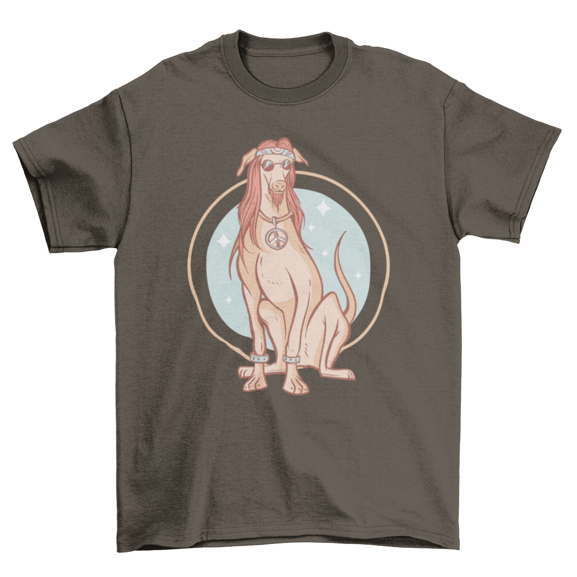 A colorful t-shirt featuring a playful illustration of a hippie dog with sunglasses and a peace sign.