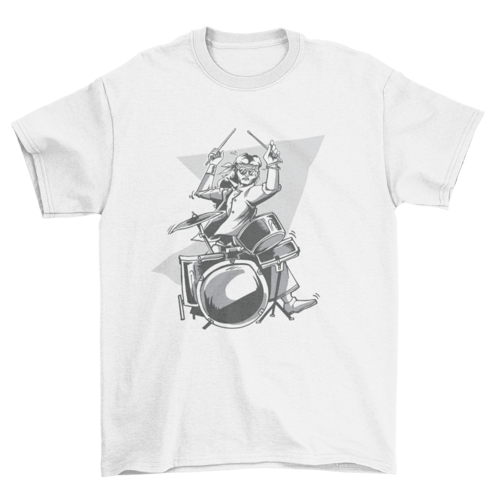 Hippie Drummer T-shirt featuring a colorful illustration of a man in hippie attire playing drums.