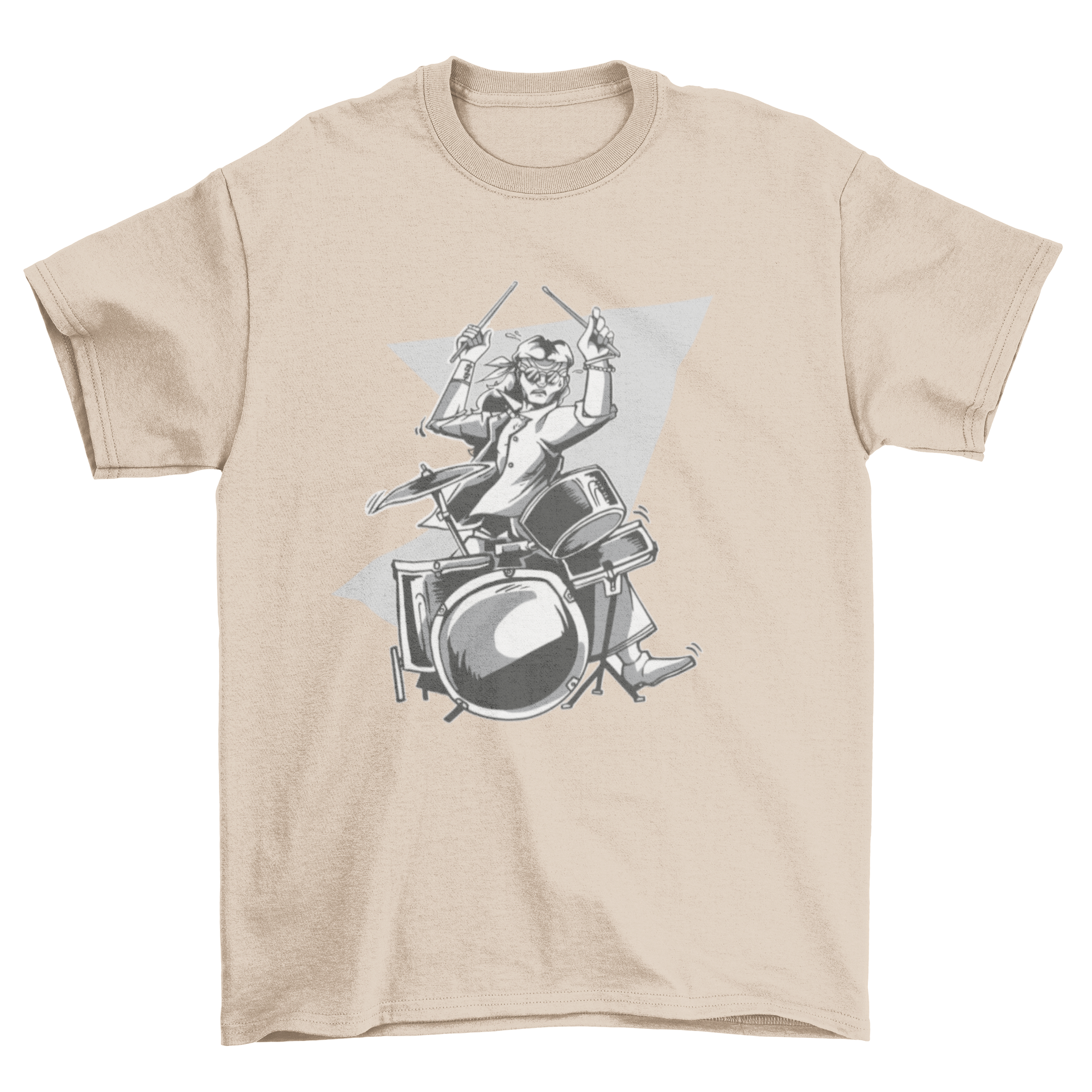 Hippie Drummer T-shirt featuring a colorful illustration of a man in hippie attire playing drums.