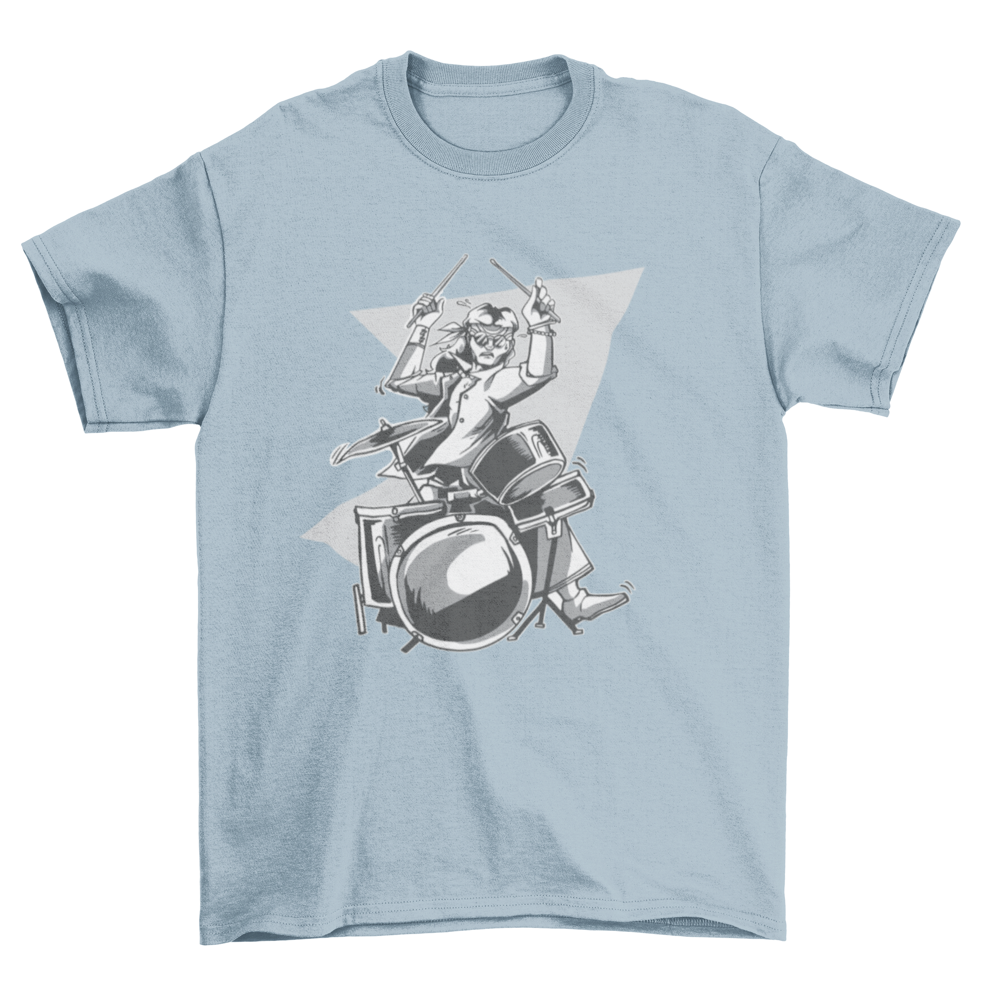 Hippie Drummer T-shirt featuring a colorful illustration of a man in hippie attire playing drums.