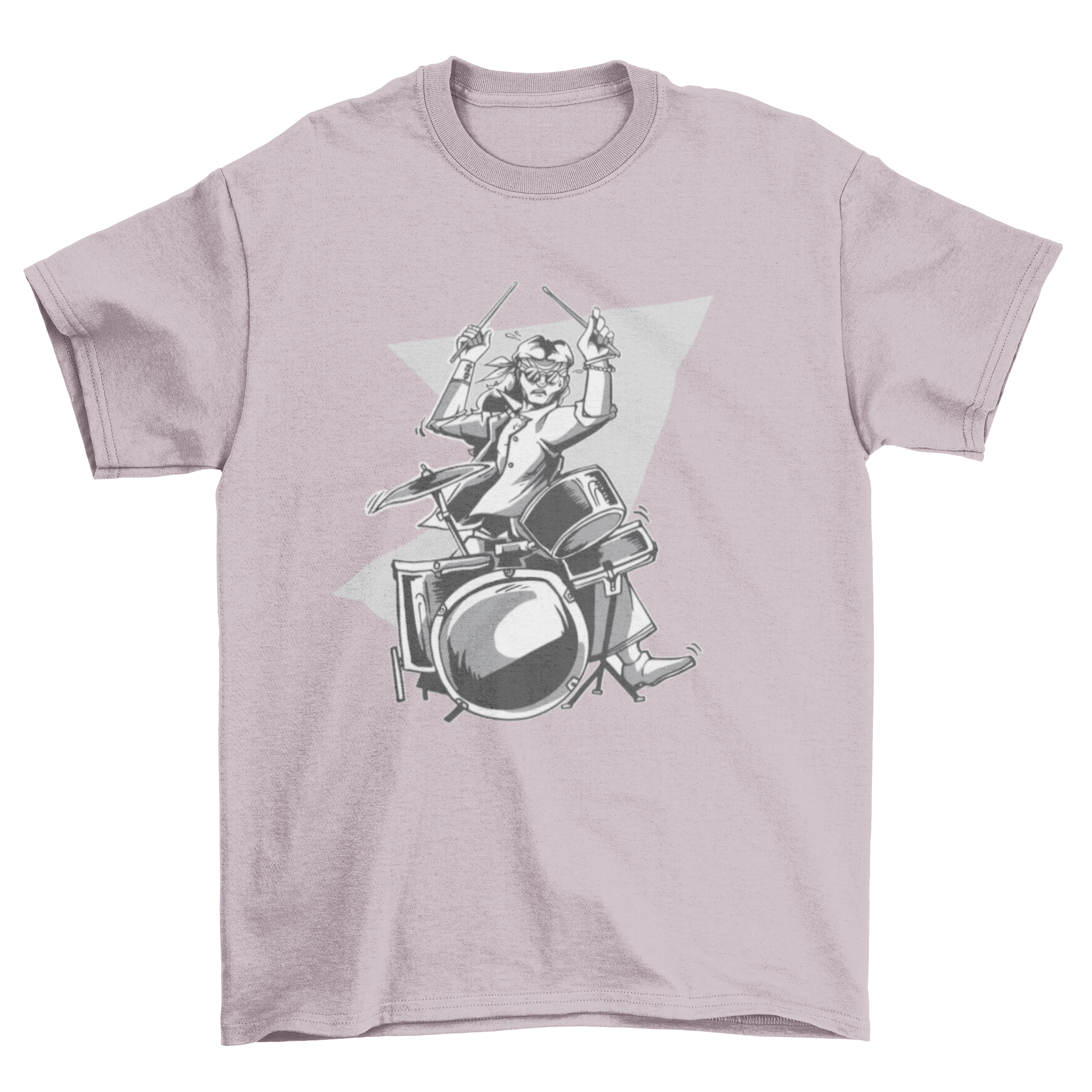 Hippie Drummer T-shirt featuring a colorful illustration of a man in hippie attire playing drums.