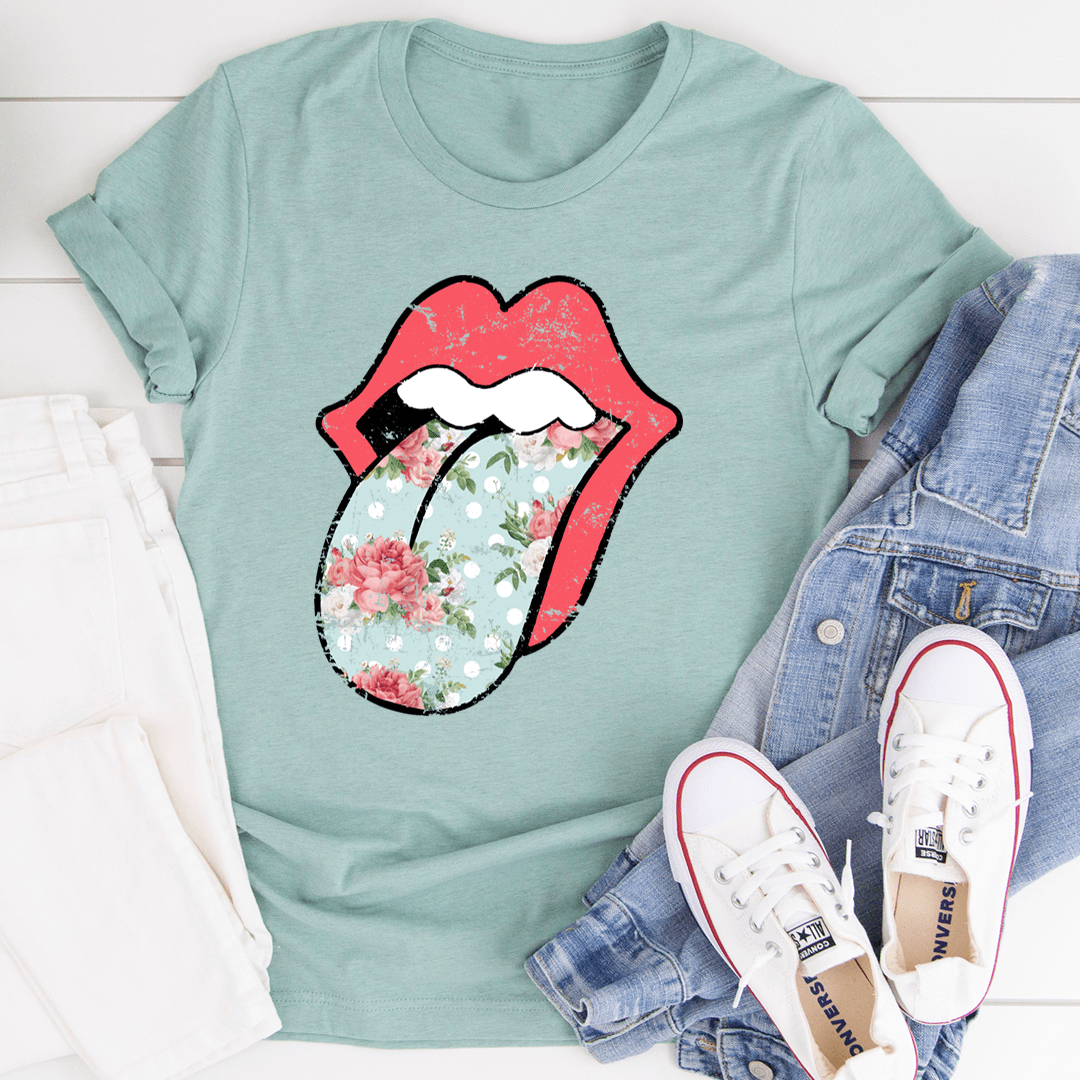 Hippie Floral Tongue T-Shirt featuring vibrant floral design on a soft cotton fabric, perfect for casual wear.