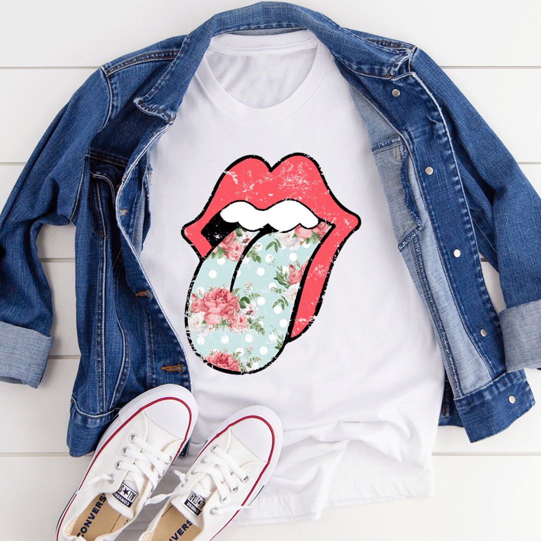 Hippie Floral Tongue T-Shirt featuring vibrant floral design on a soft cotton fabric, perfect for casual wear.