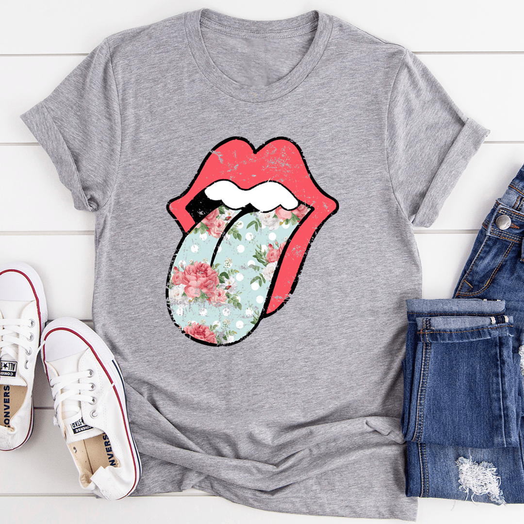 Hippie Floral Tongue T-Shirt featuring vibrant floral design on a soft cotton fabric, perfect for casual wear.