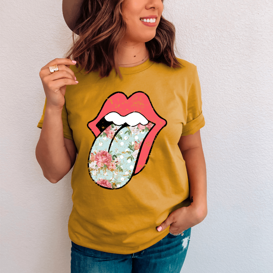 Hippie Floral Tongue T-Shirt featuring vibrant floral design on a soft cotton fabric, perfect for casual wear.