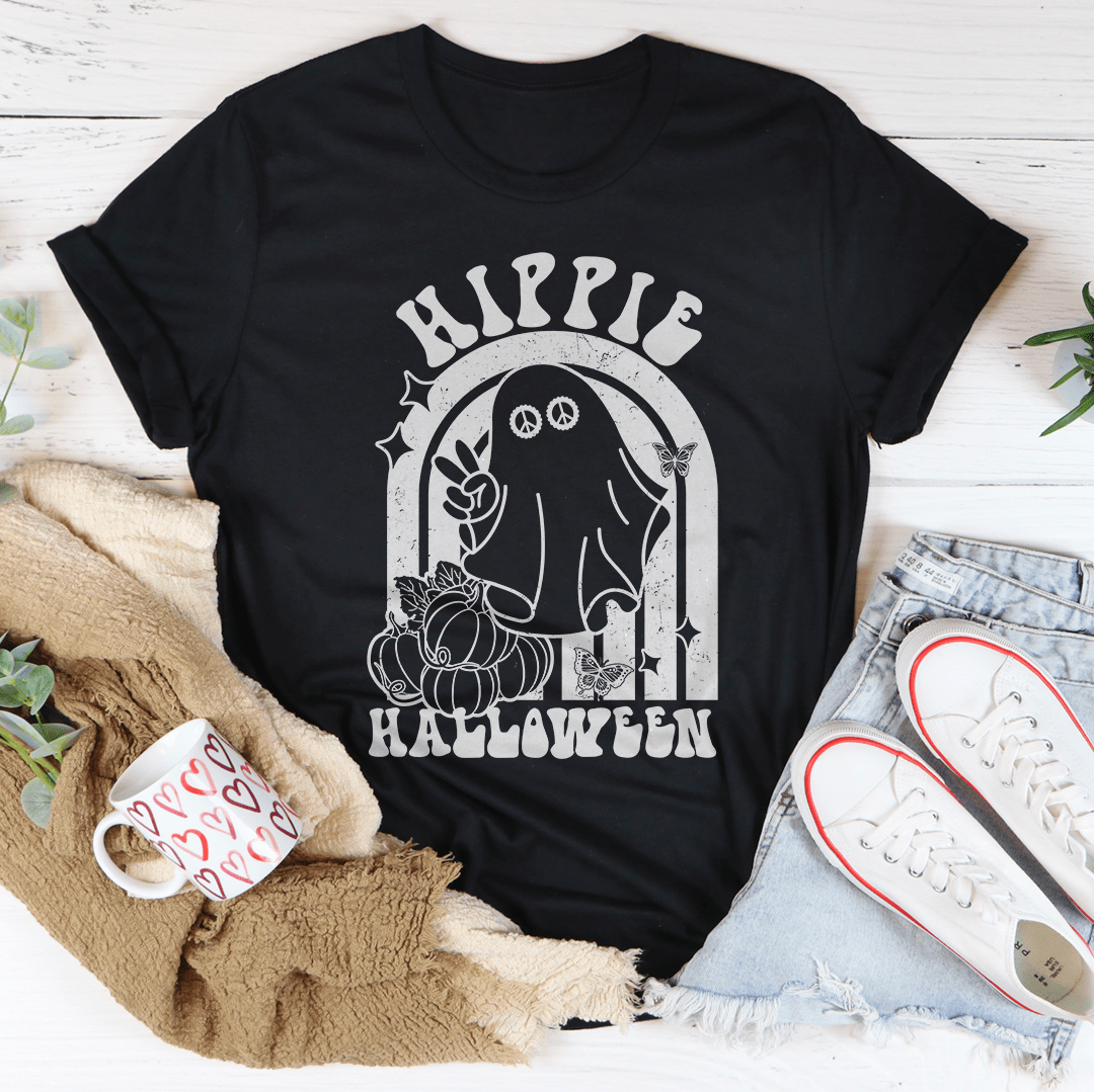 Hippie Halloween T-Shirt made from soft ring-spun cotton, featuring durable double stitching and a vibrant Halloween design.