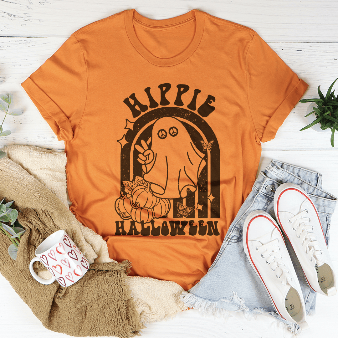 Hippie Halloween T-Shirt made from soft ring-spun cotton, featuring durable double stitching and a vibrant Halloween design.