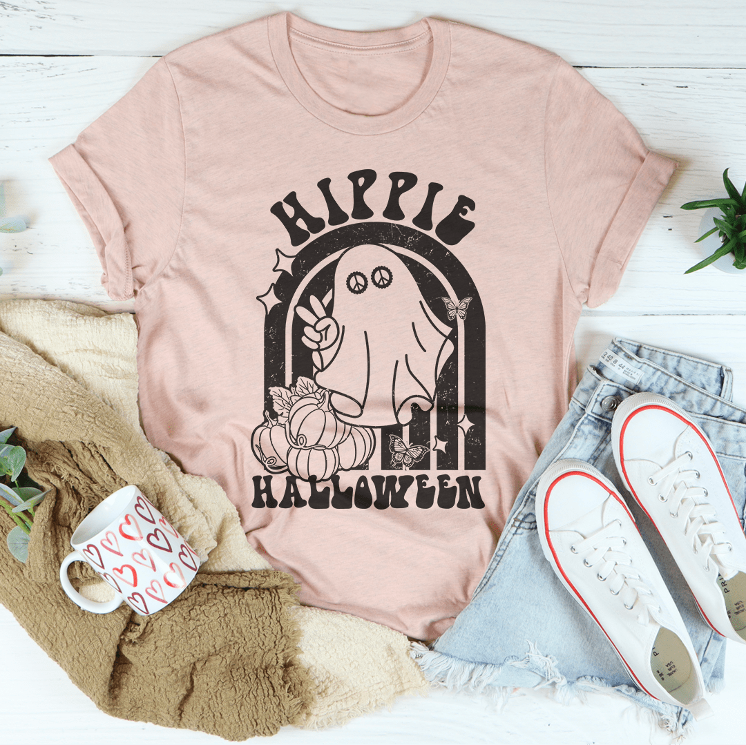 Hippie Halloween T-Shirt made from soft ring-spun cotton, featuring durable double stitching and a vibrant Halloween design.