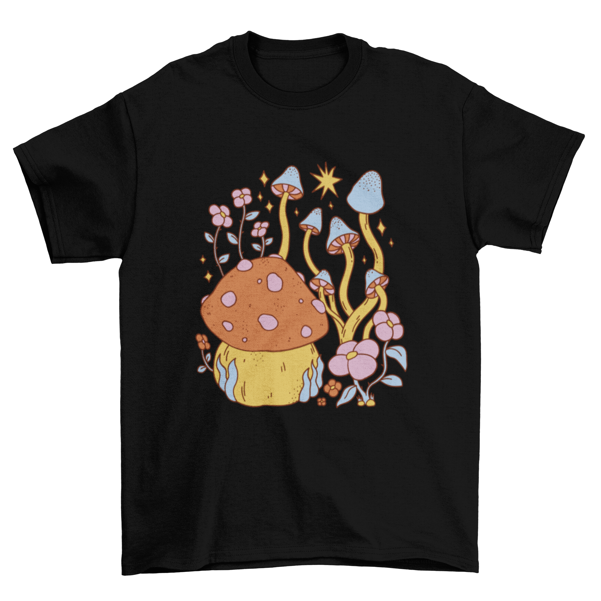 A colorful hippie nature t-shirt featuring various mushrooms and flowers in a vibrant design.