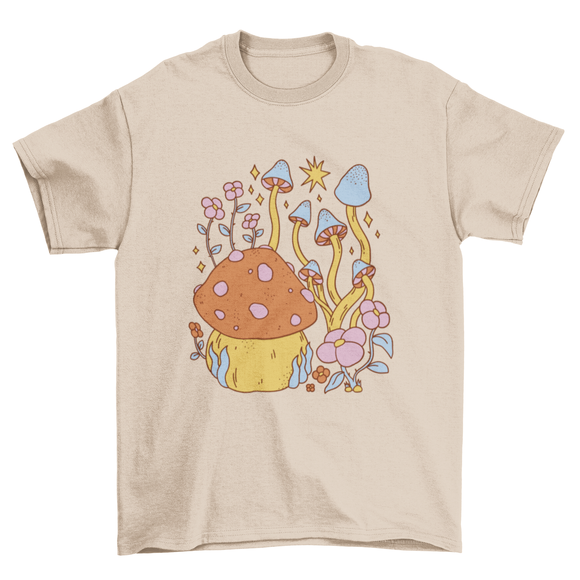 A colorful hippie nature t-shirt featuring various mushrooms and flowers in a vibrant design.