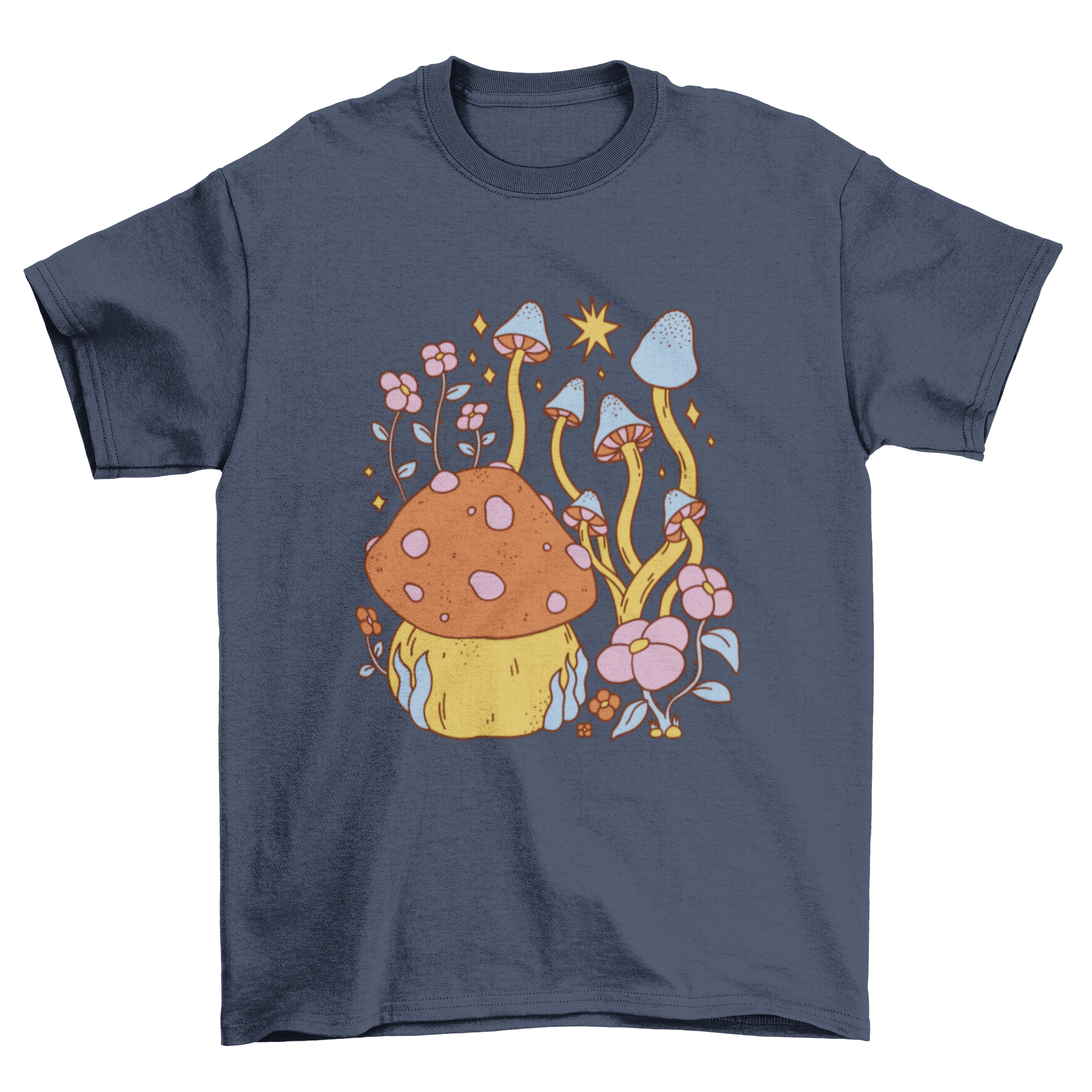 A colorful hippie nature t-shirt featuring various mushrooms and flowers in a vibrant design.