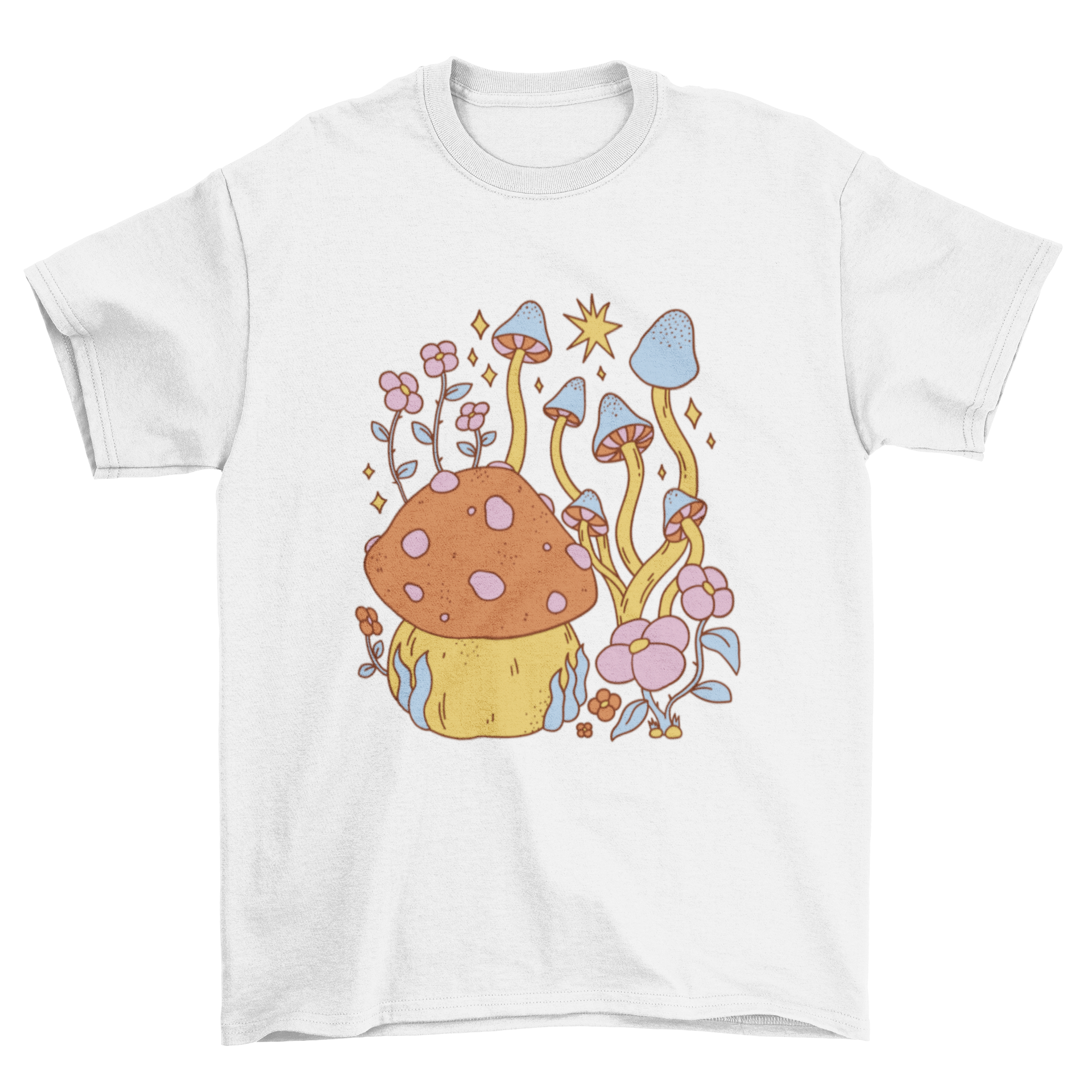 A colorful hippie nature t-shirt featuring various mushrooms and flowers in a vibrant design.