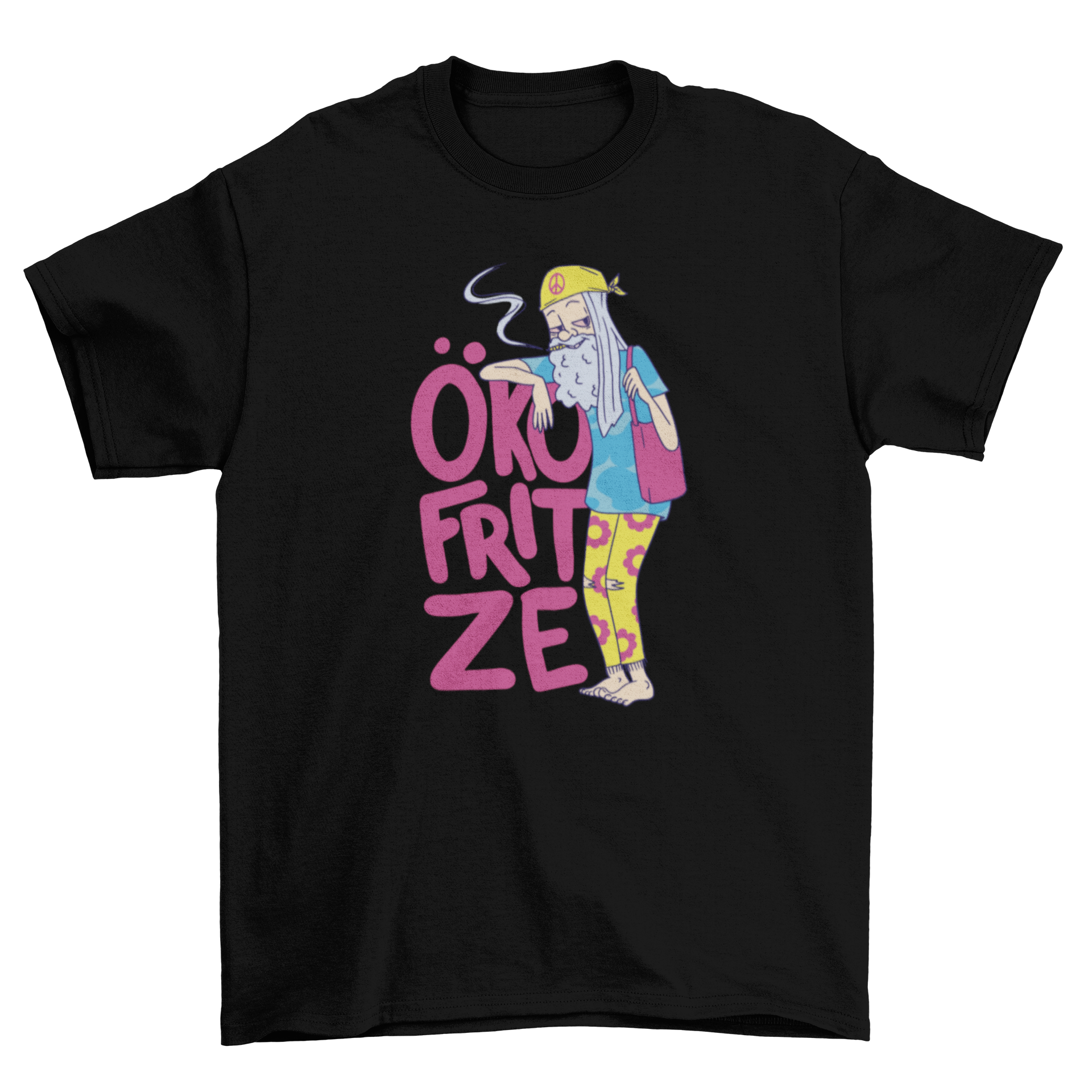 Hippie old man character t-shirt featuring a colorful design of an elderly man in hippie attire with a German quote.