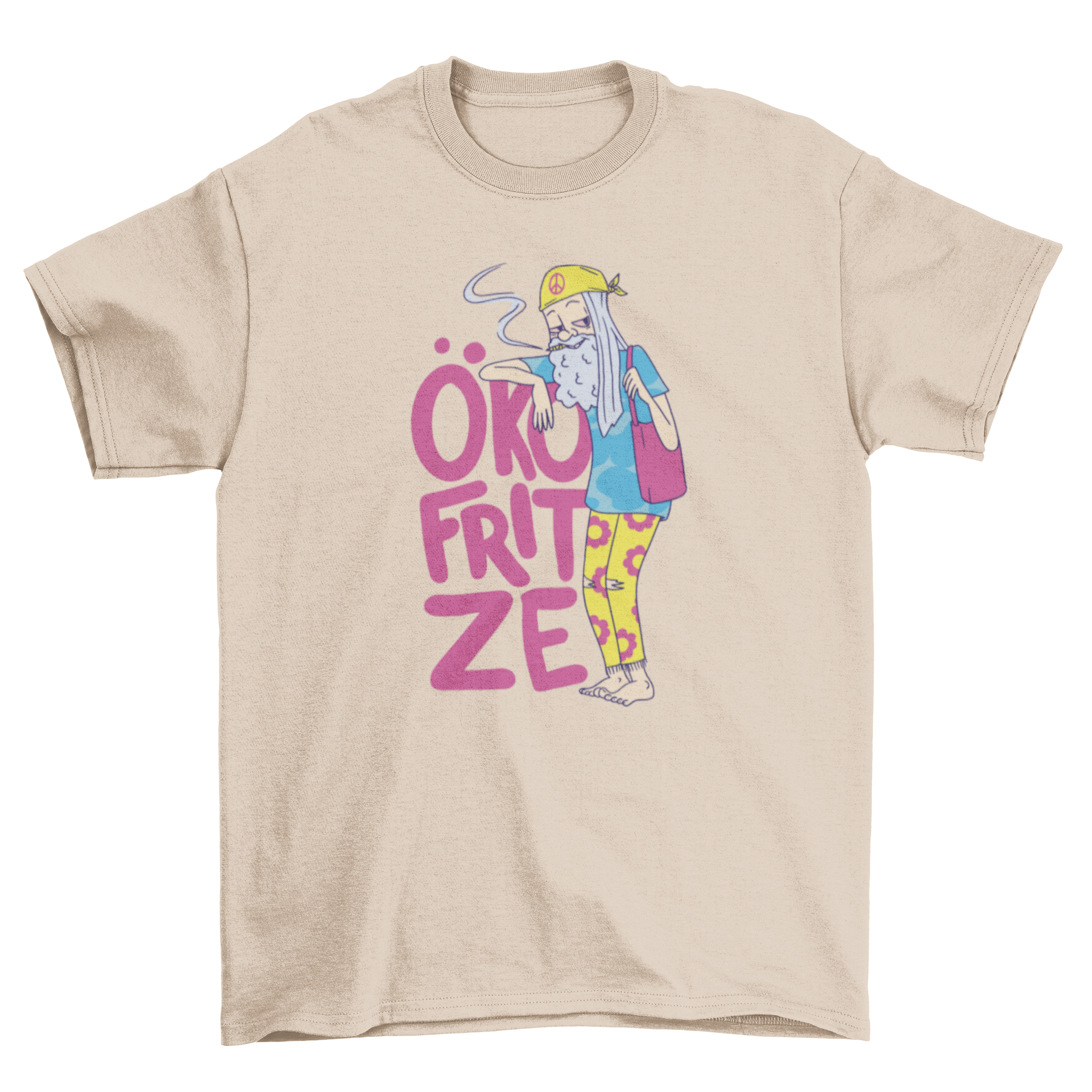 Hippie old man character t-shirt featuring a colorful design of an elderly man in hippie attire with a German quote.