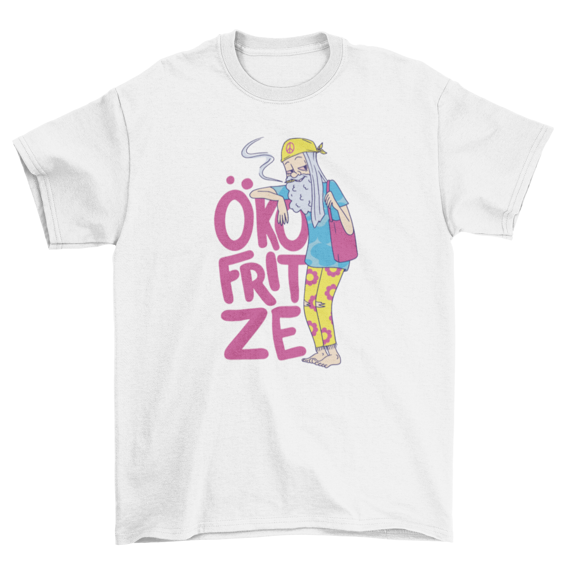 Hippie old man character t-shirt featuring a colorful design of an elderly man in hippie attire with a German quote.