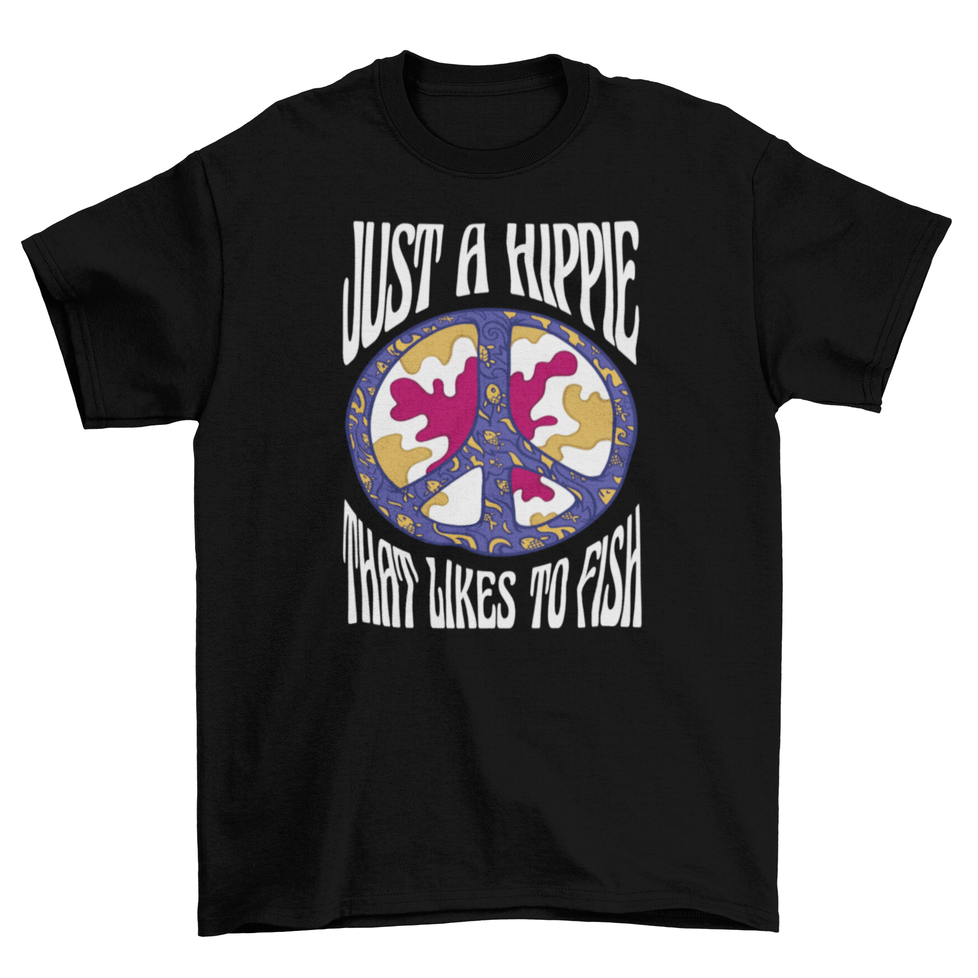 Hippie peace symbol t-shirt featuring a colorful peace sign and the quote 'Just a hippie that likes to fish'.