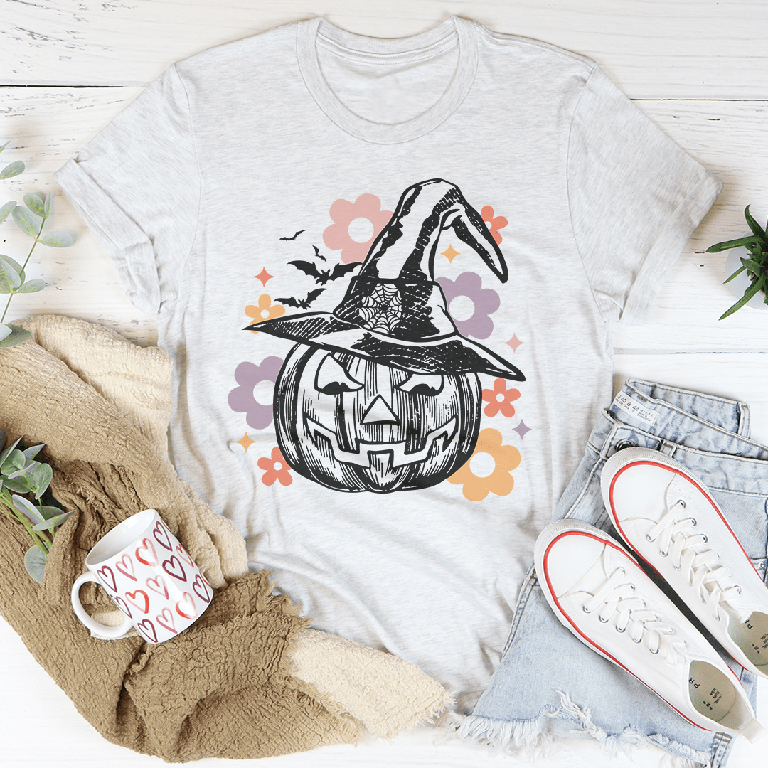 A soft, comfortable Hippie Pumpkin t-shirt made from 100% ring-spun cotton, featuring vibrant DTG printing and durable double stitching.