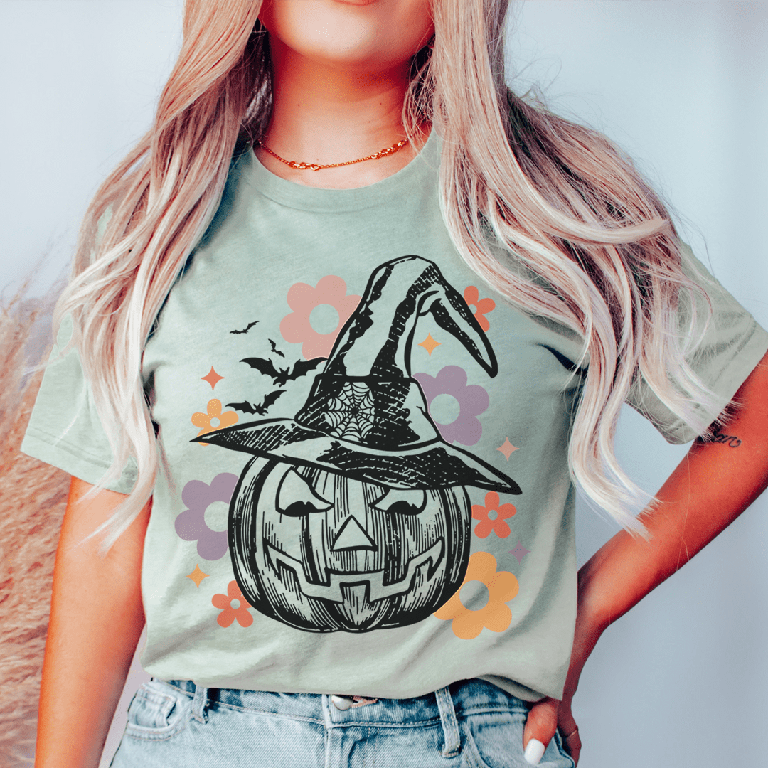 A soft, comfortable Hippie Pumpkin t-shirt made from 100% ring-spun cotton, featuring vibrant DTG printing and durable double stitching.