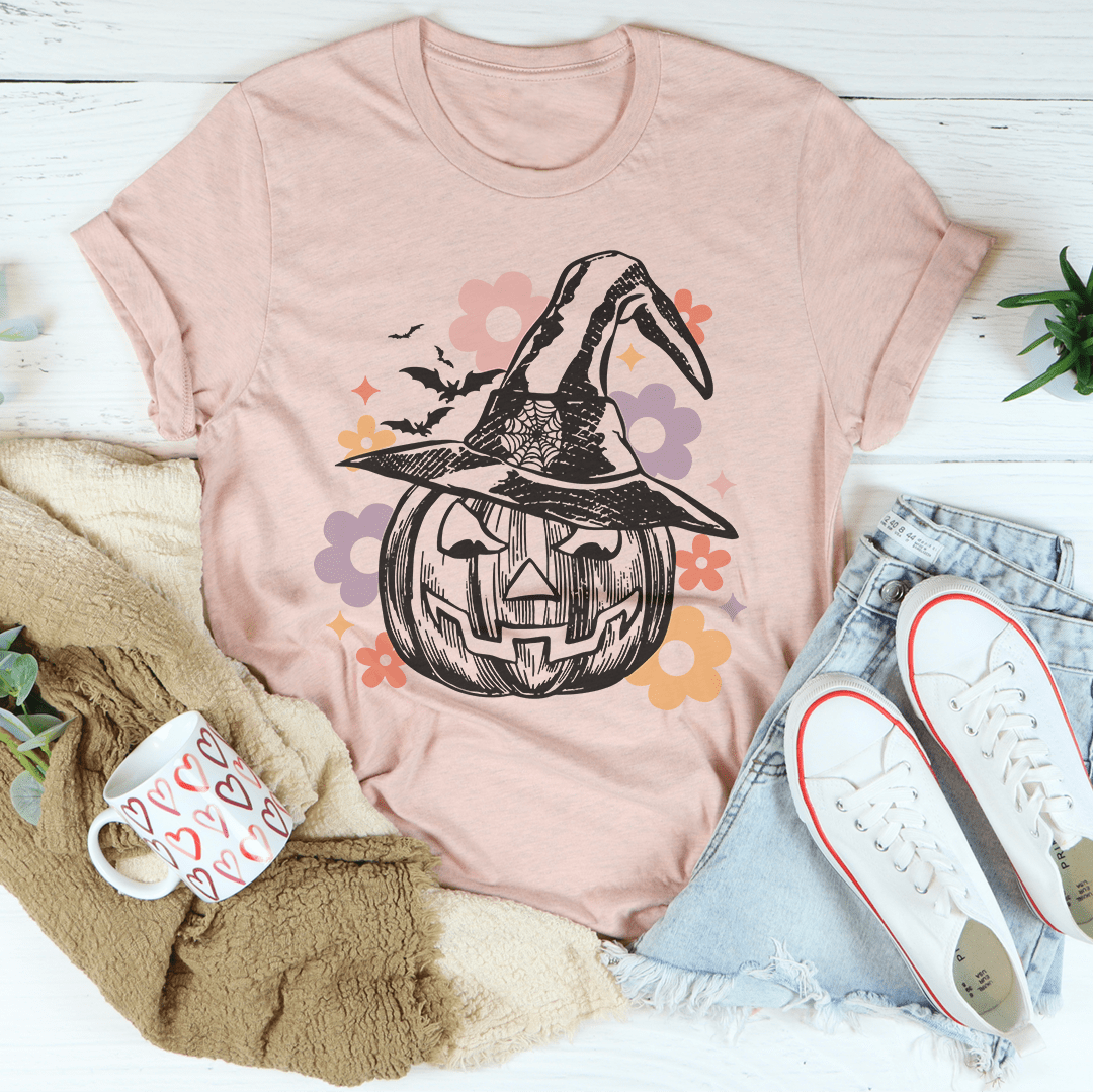 A soft, comfortable Hippie Pumpkin t-shirt made from 100% ring-spun cotton, featuring vibrant DTG printing and durable double stitching.