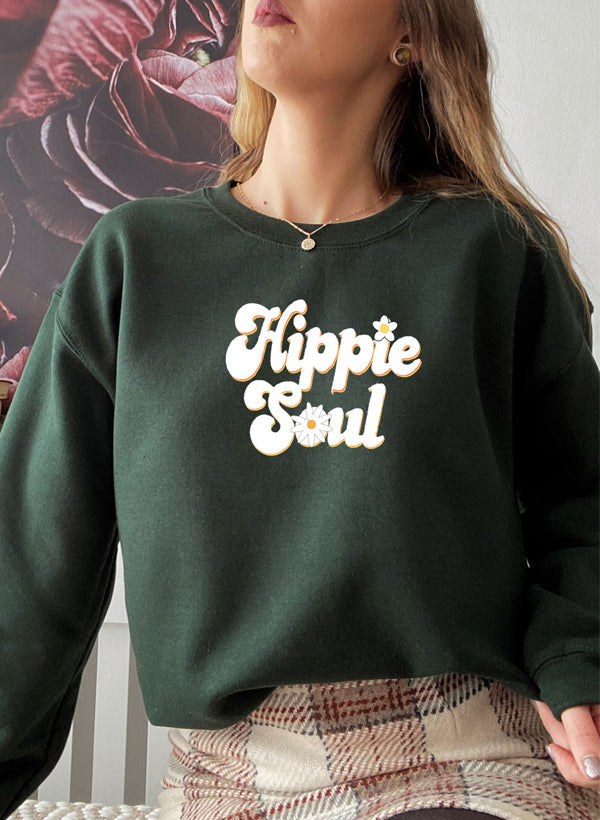 Hippie Soul Sweat Shirt featuring unique artistic designs, made from warm cotton/poly fleece blend.