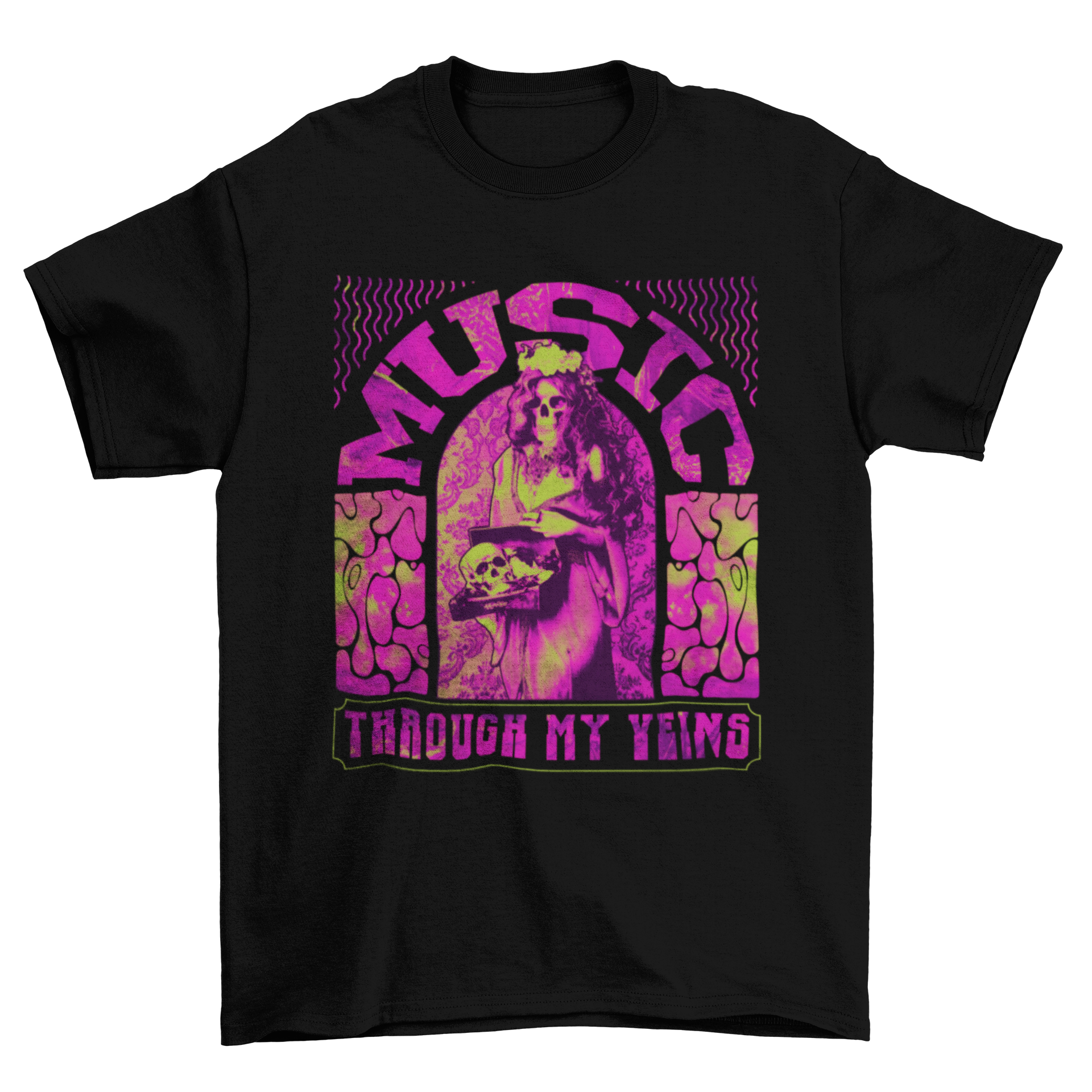 Psychedelic t-shirt featuring a skeleton lady with the quote 'Music through my veins' in vibrant colors.