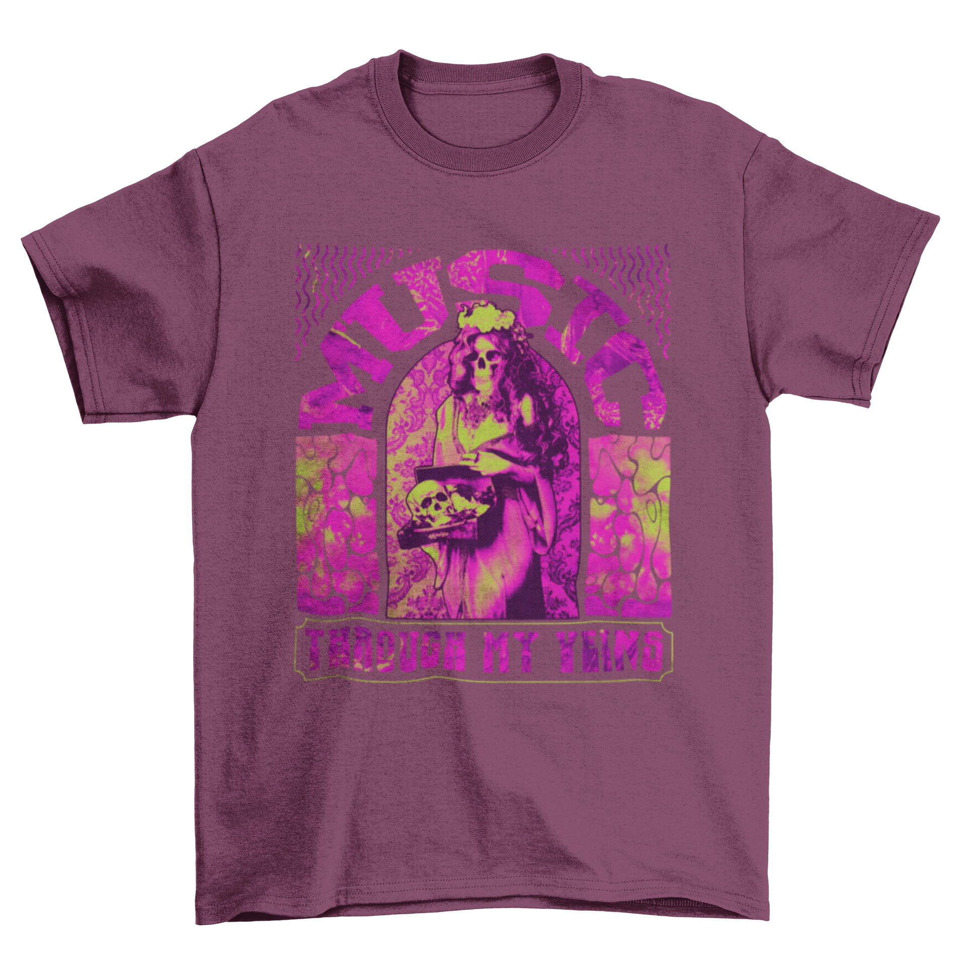 Psychedelic t-shirt featuring a skeleton lady with the quote 'Music through my veins' in vibrant colors.