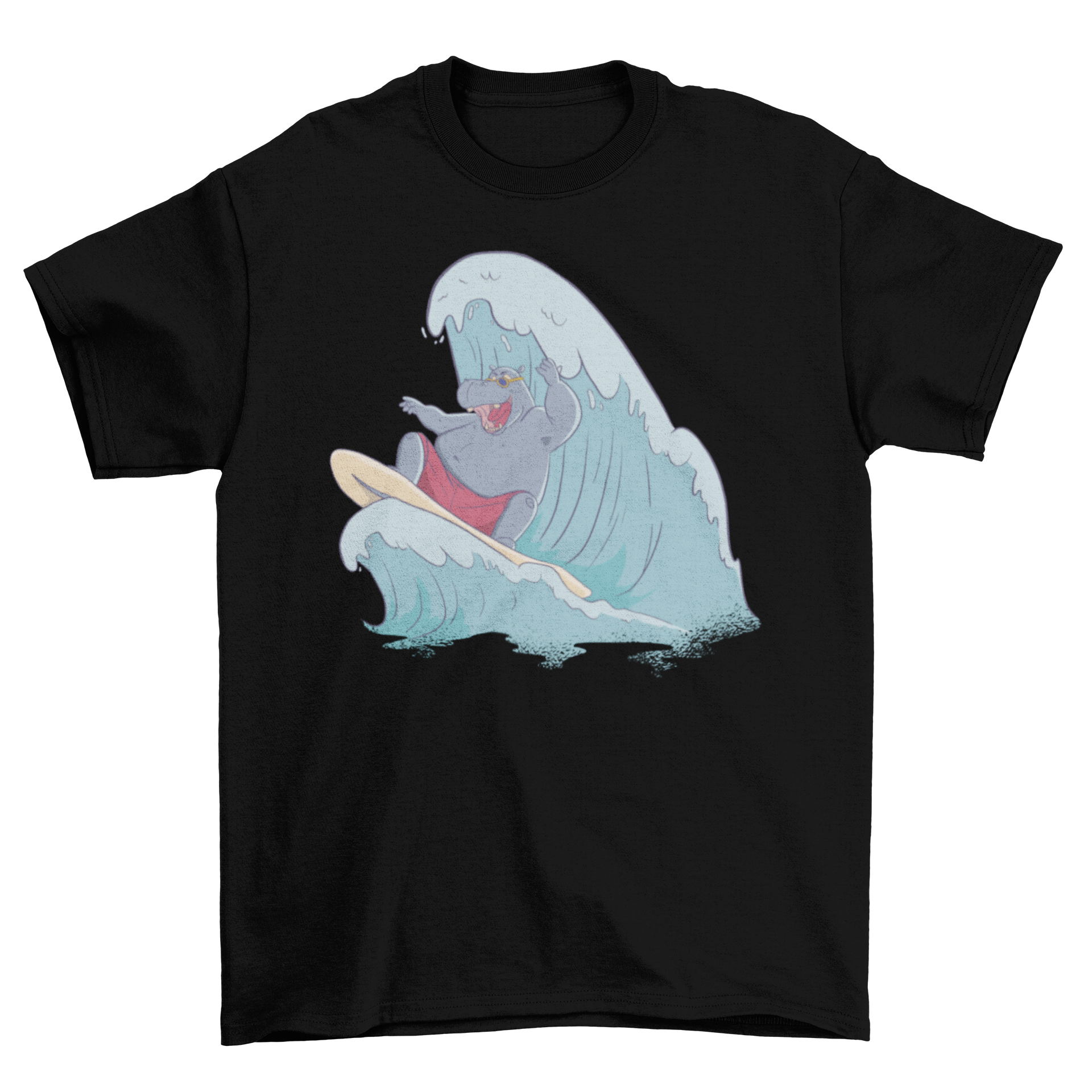 A vibrant t-shirt featuring a playful hippo surfing on a wave, perfect for beach lovers.