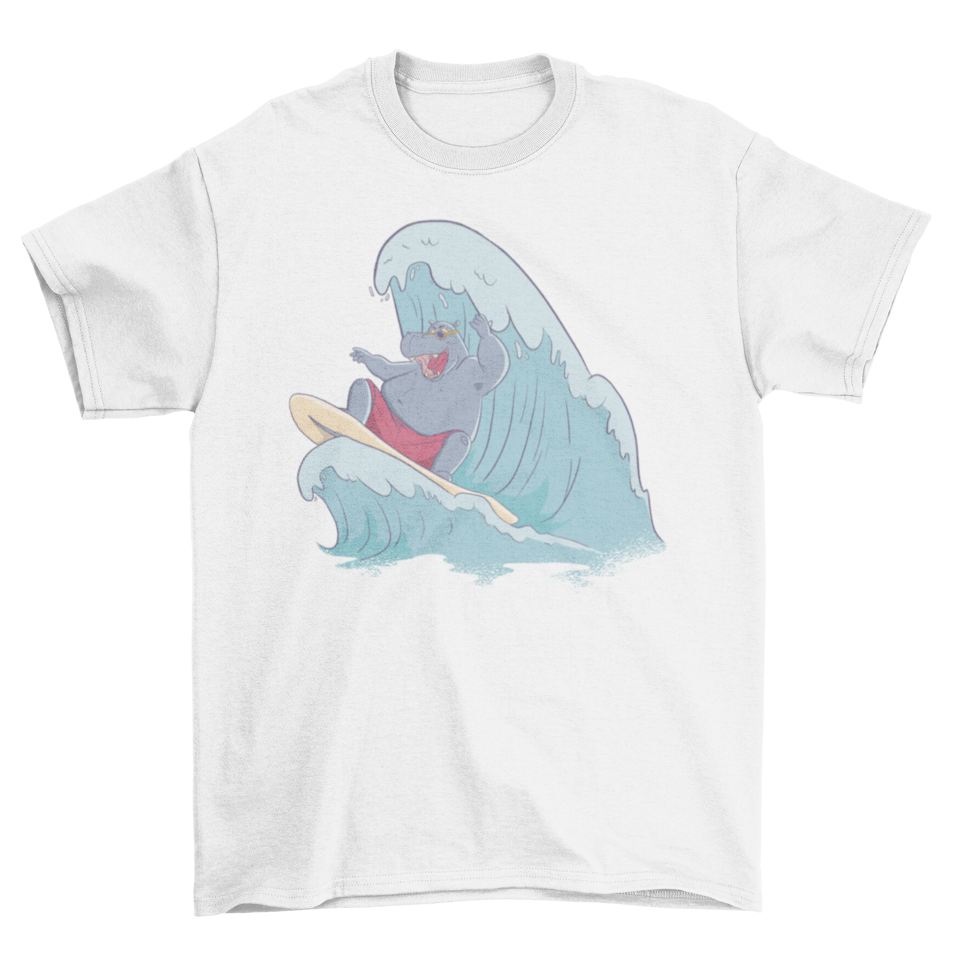 A vibrant t-shirt featuring a playful hippo surfing on a wave, perfect for beach lovers.