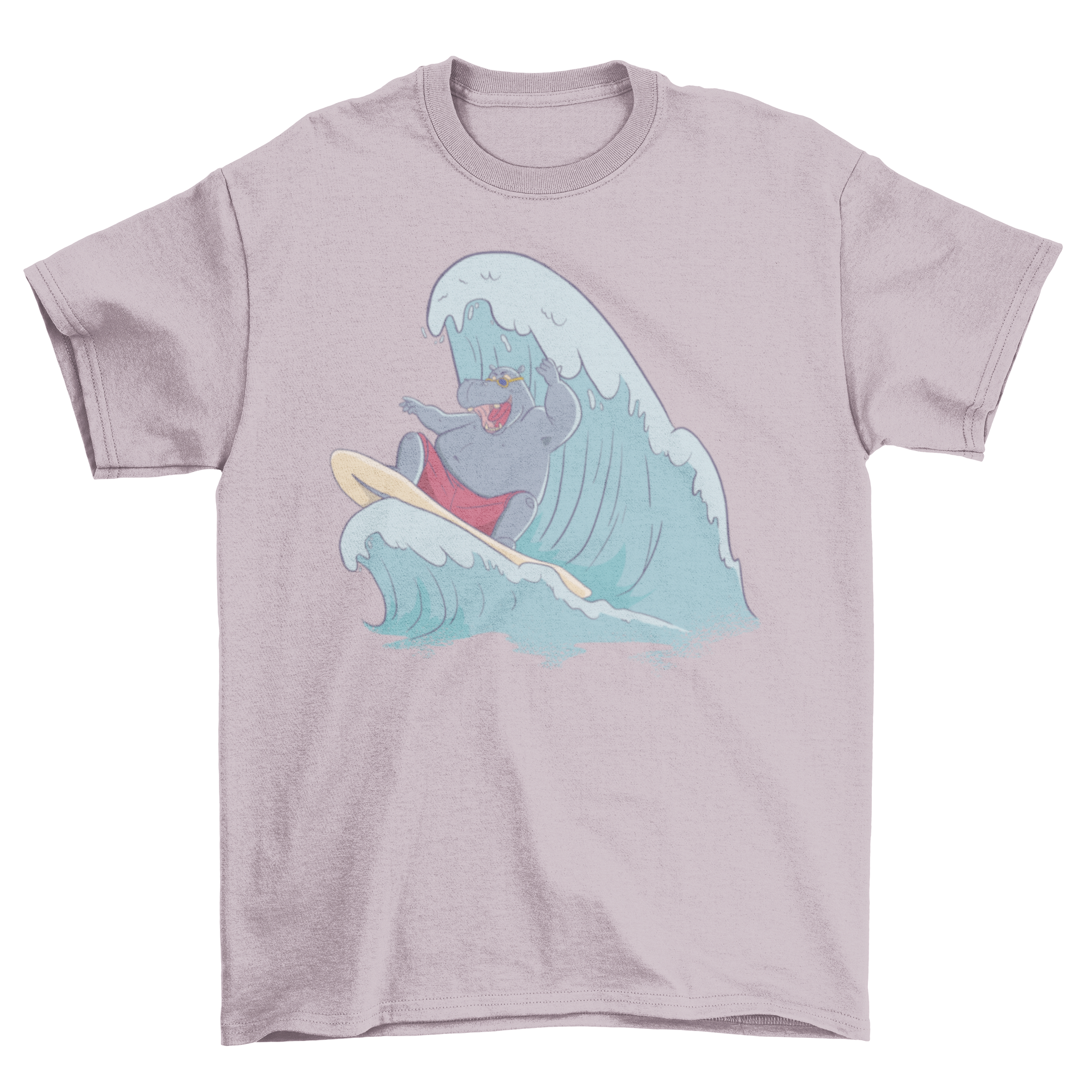 A vibrant t-shirt featuring a playful hippo surfing on a wave, perfect for beach lovers.