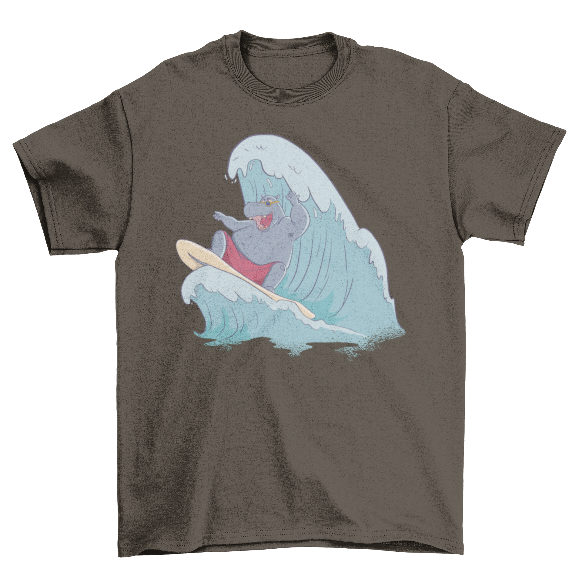 A vibrant t-shirt featuring a playful hippo surfing on a wave, perfect for beach lovers.