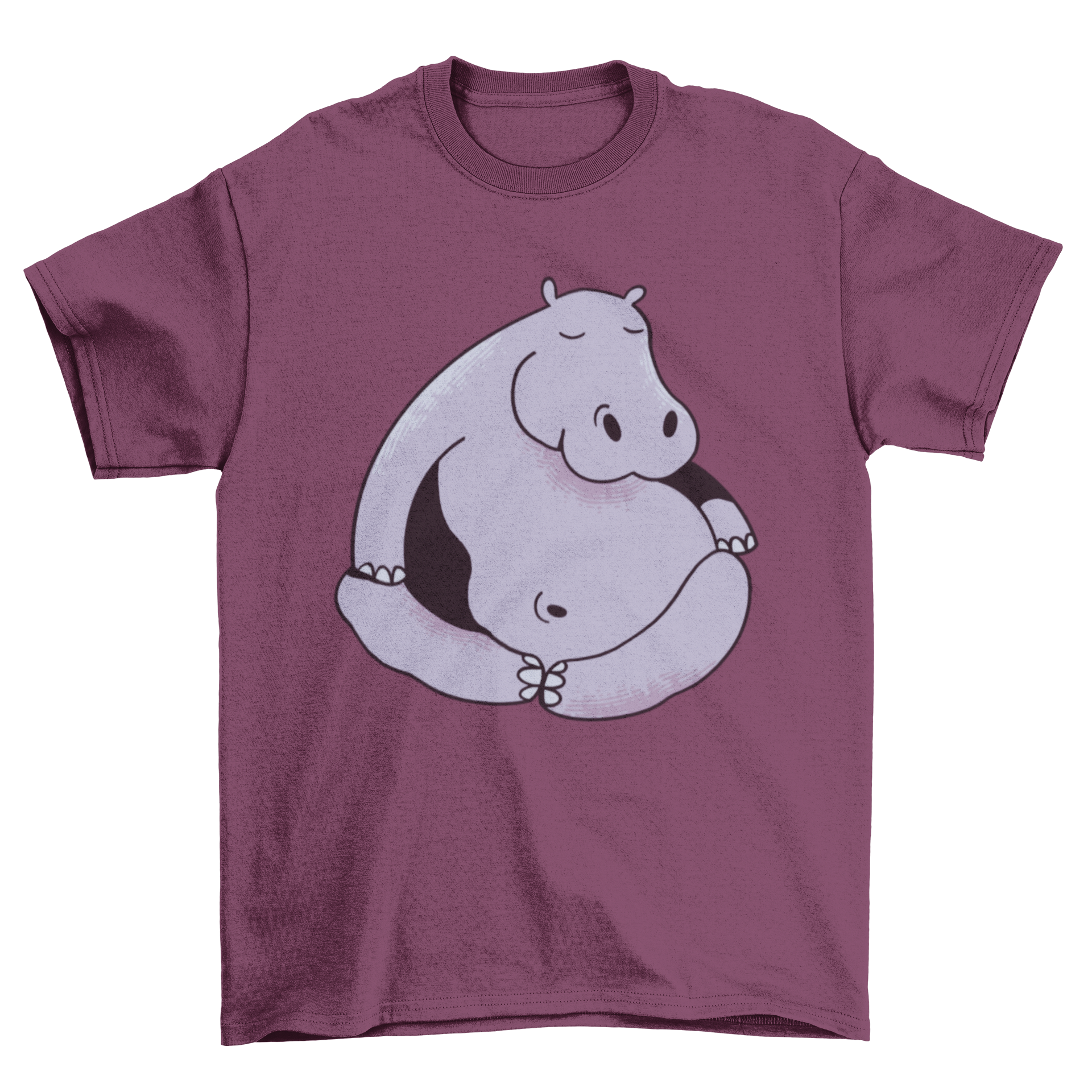 A playful t-shirt design featuring a hippo in the lotus yoga pose, showcasing vibrant colors and a fun illustration.