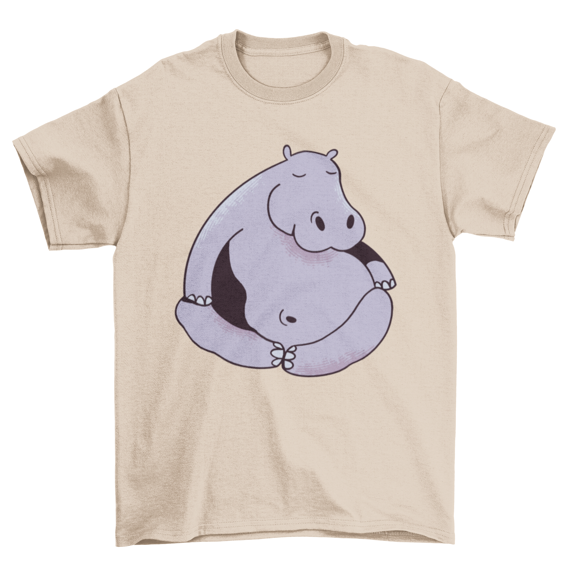 A playful t-shirt design featuring a hippo in the lotus yoga pose, showcasing vibrant colors and a fun illustration.