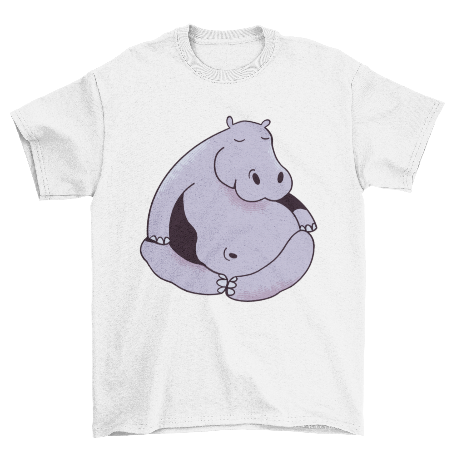 A playful t-shirt design featuring a hippo in the lotus yoga pose, showcasing vibrant colors and a fun illustration.