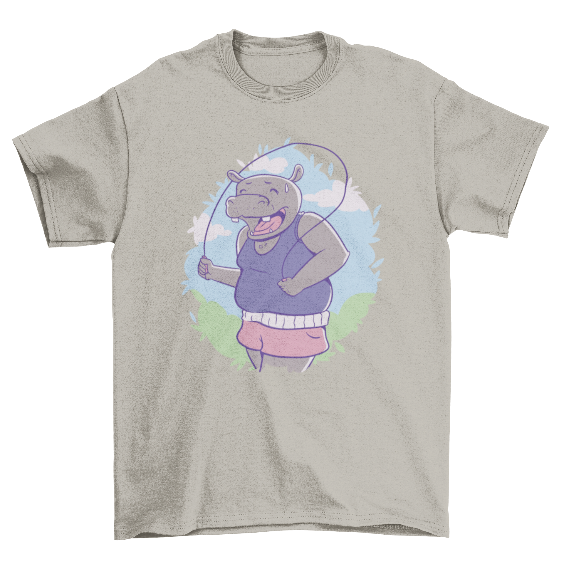 A playful t-shirt featuring a hippopotamus joyfully jumping rope, showcasing a vibrant and fun design.