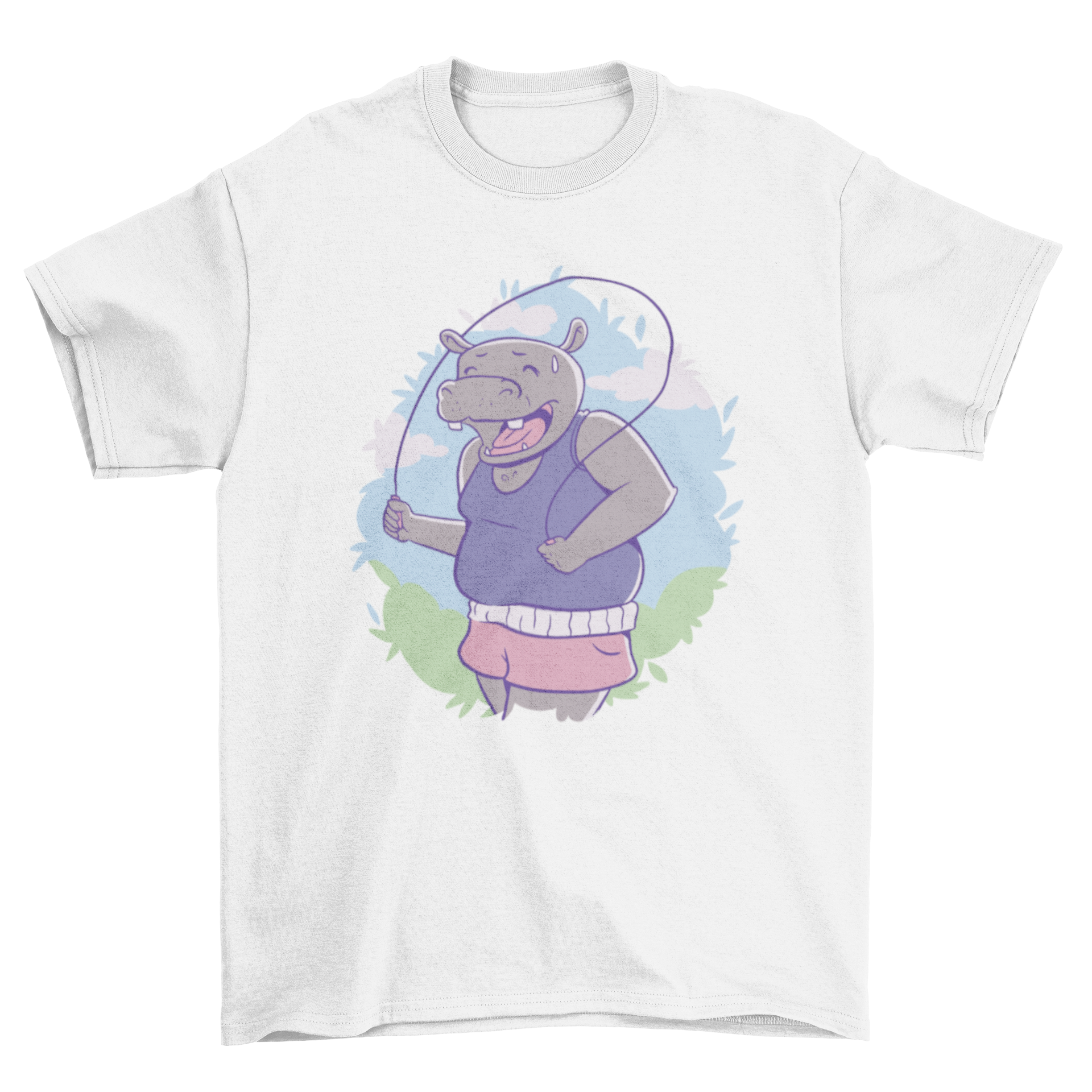 A playful t-shirt featuring a hippopotamus joyfully jumping rope, showcasing a vibrant and fun design.