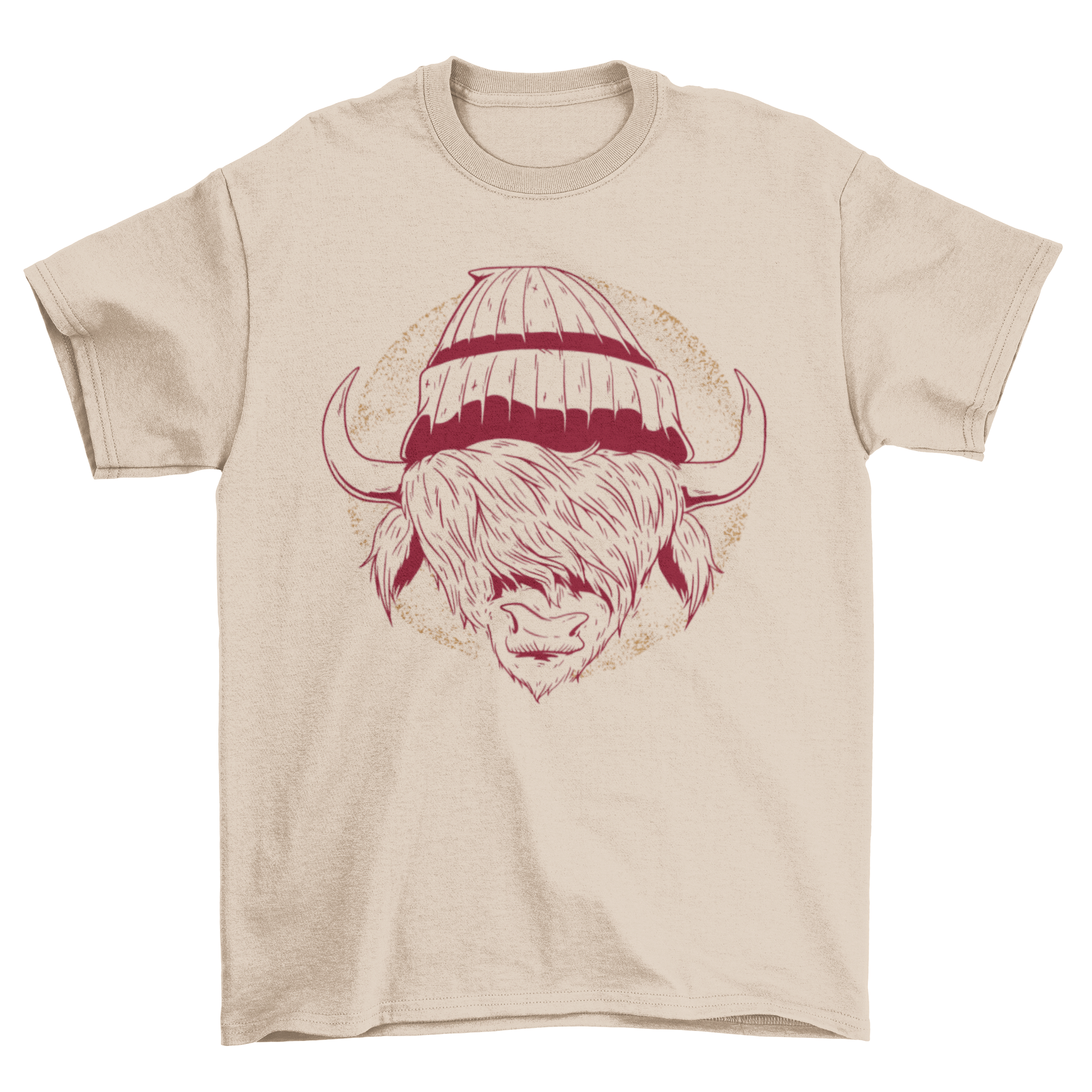 A stylish hipster buffalo t-shirt featuring a detailed hand-drawn illustration of a buffalo wearing a beanie, perfect for casual wear.