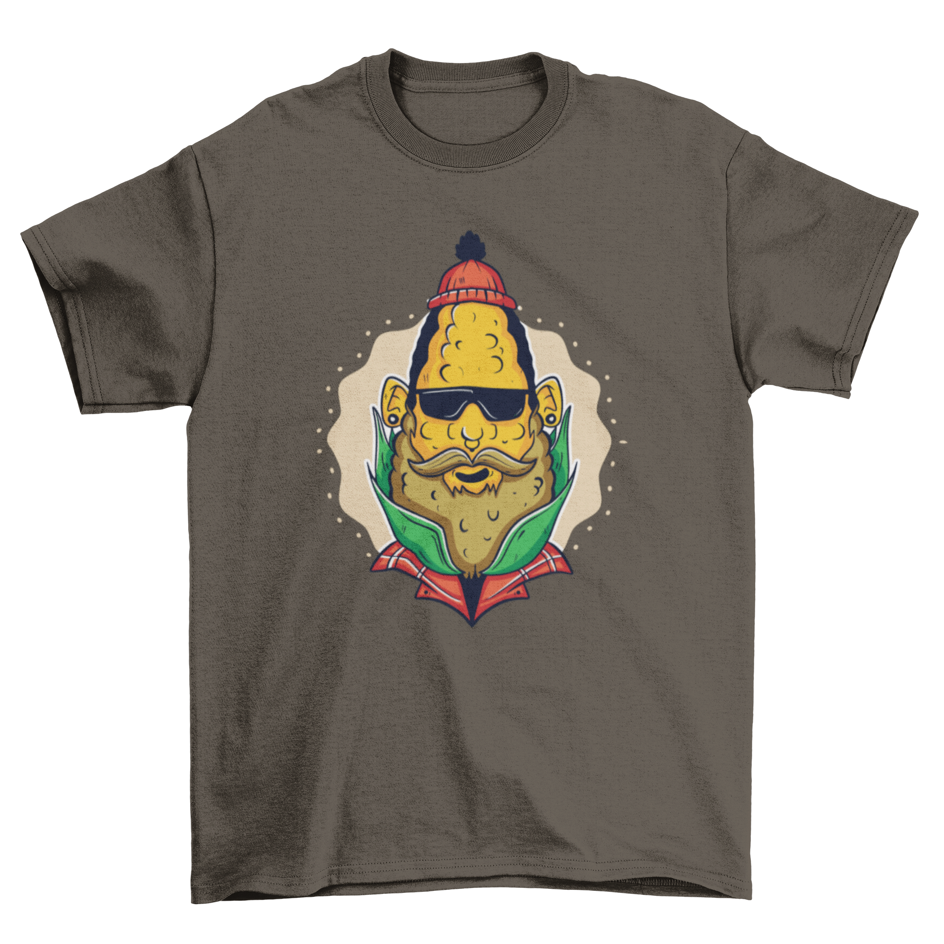 Hipster Corn T-shirt featuring a funny corn on the cob illustration in hipster style.