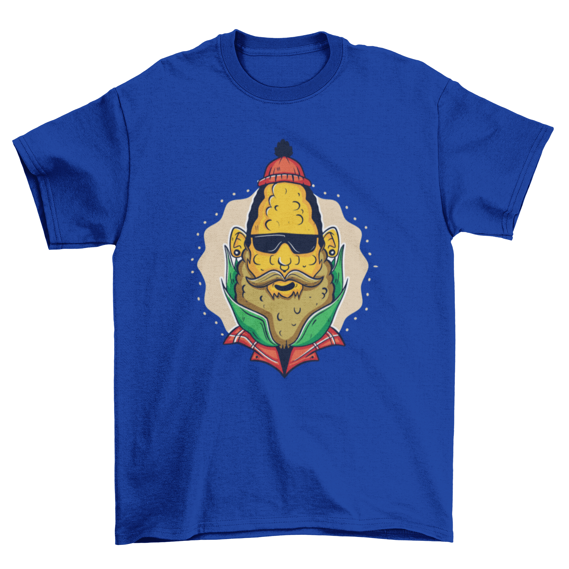 Hipster Corn T-shirt featuring a funny corn on the cob illustration in hipster style.