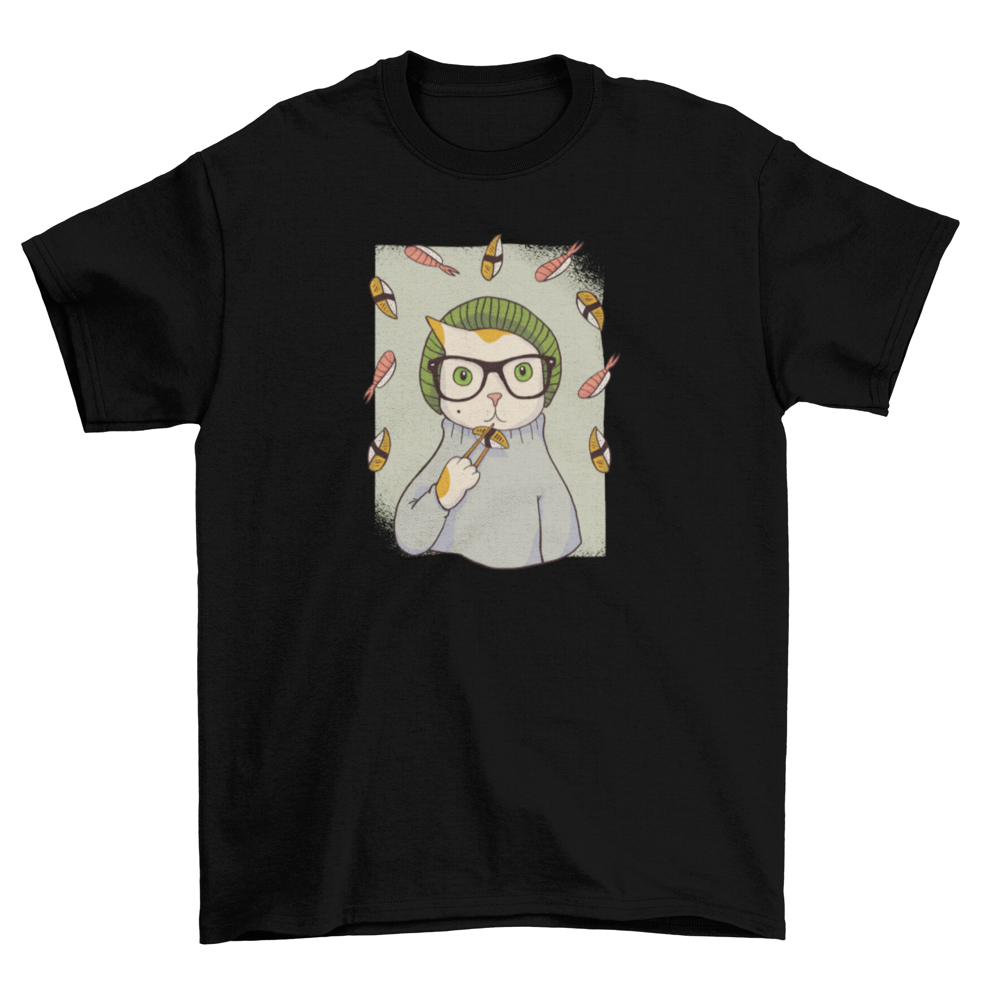 Hipster Sushi Cat T-Shirt featuring a cute kitten in glasses, turtleneck, and beanie, enjoying sushi.