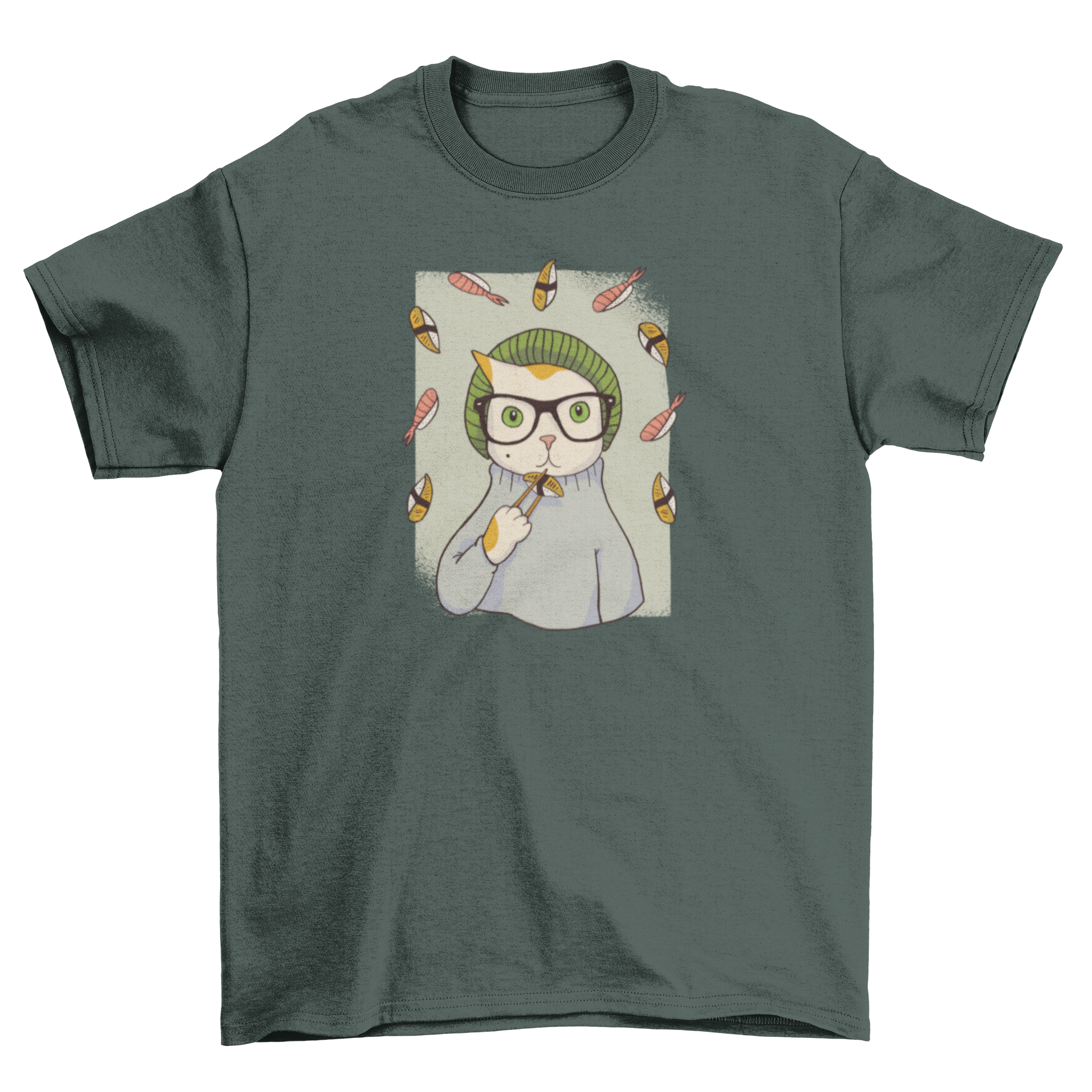 Hipster Sushi Cat T-Shirt featuring a cute kitten in glasses, turtleneck, and beanie, enjoying sushi.