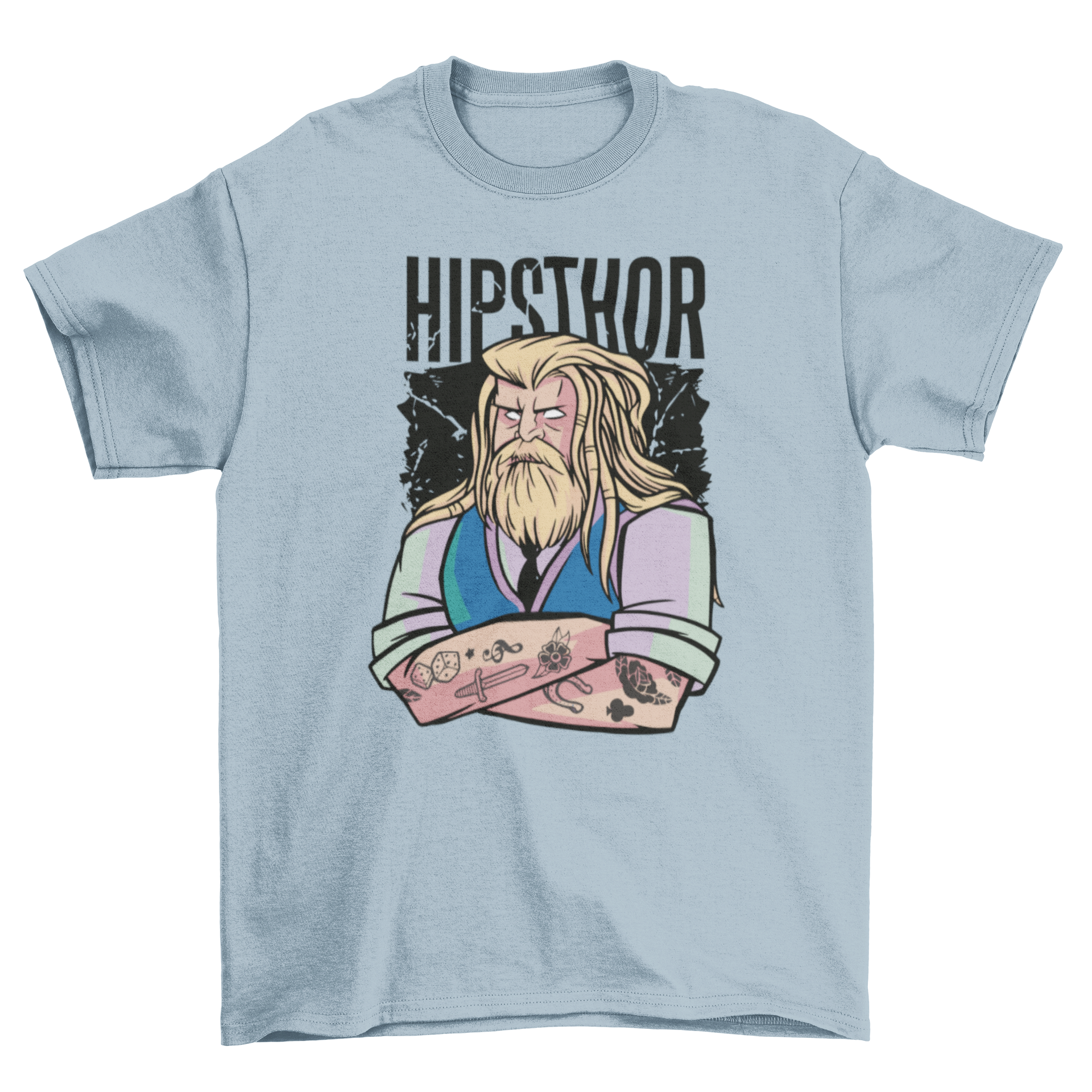 Hipster Thor cartoon t-shirt featuring a stylish cartoon design of Thor with glasses and a beanie.