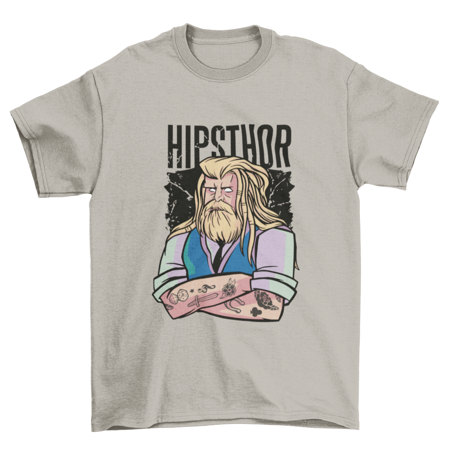 Hipster Thor cartoon t-shirt featuring a stylish cartoon design of Thor with glasses and a beanie.