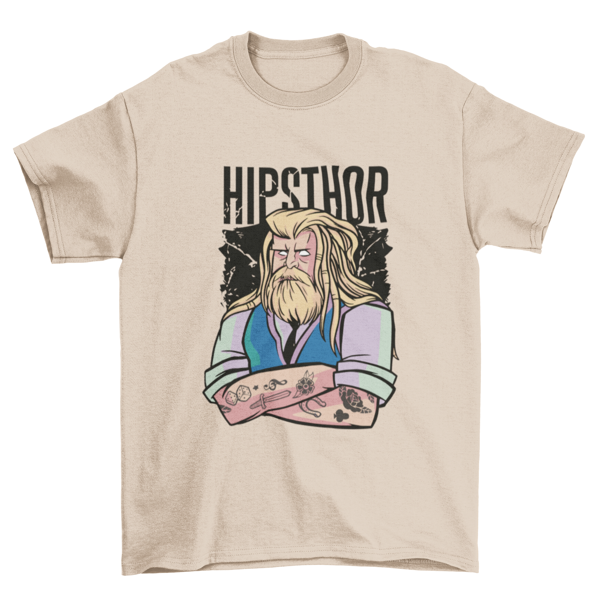 Hipster Thor cartoon t-shirt featuring a stylish cartoon design of Thor with glasses and a beanie.