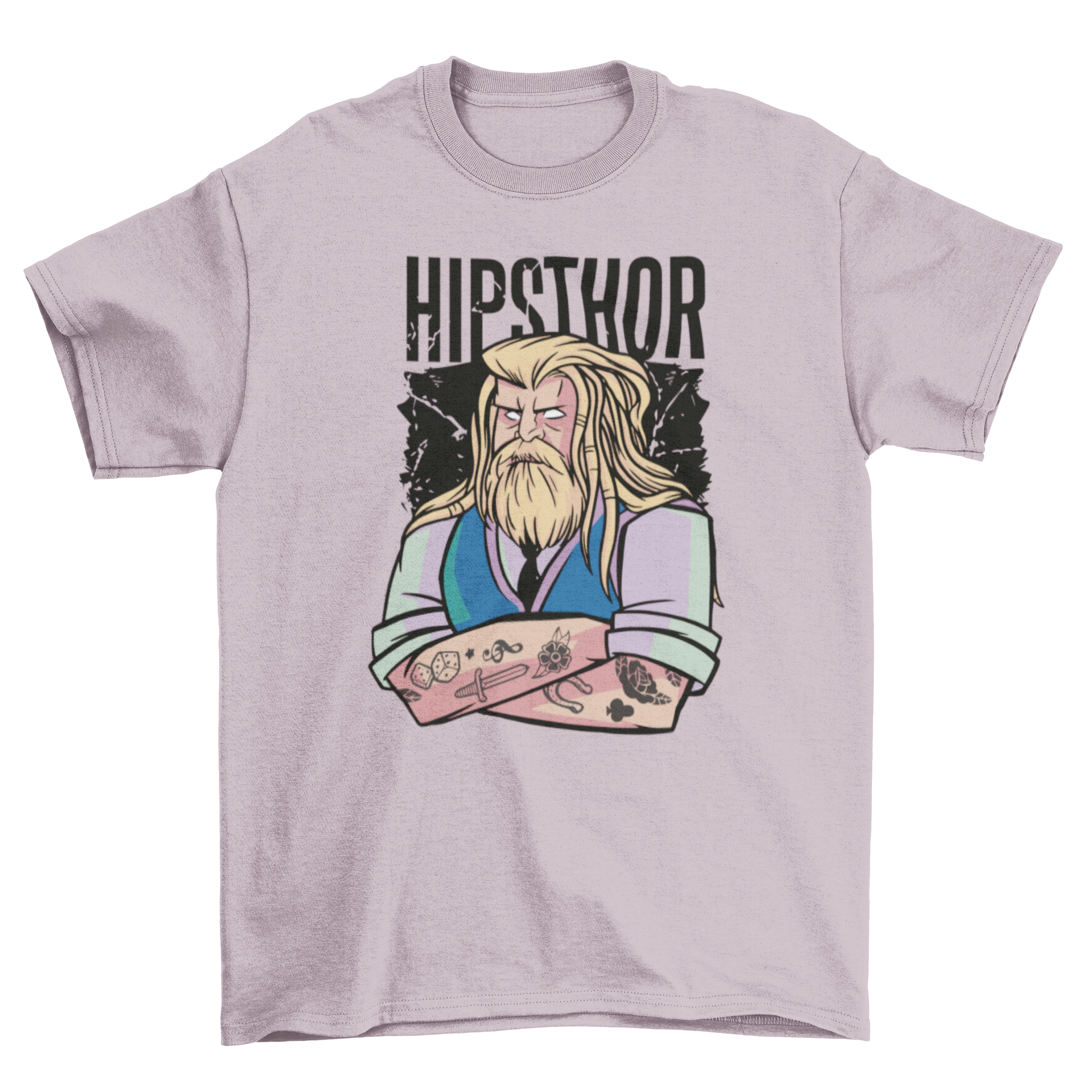 Hipster Thor cartoon t-shirt featuring a stylish cartoon design of Thor with glasses and a beanie.