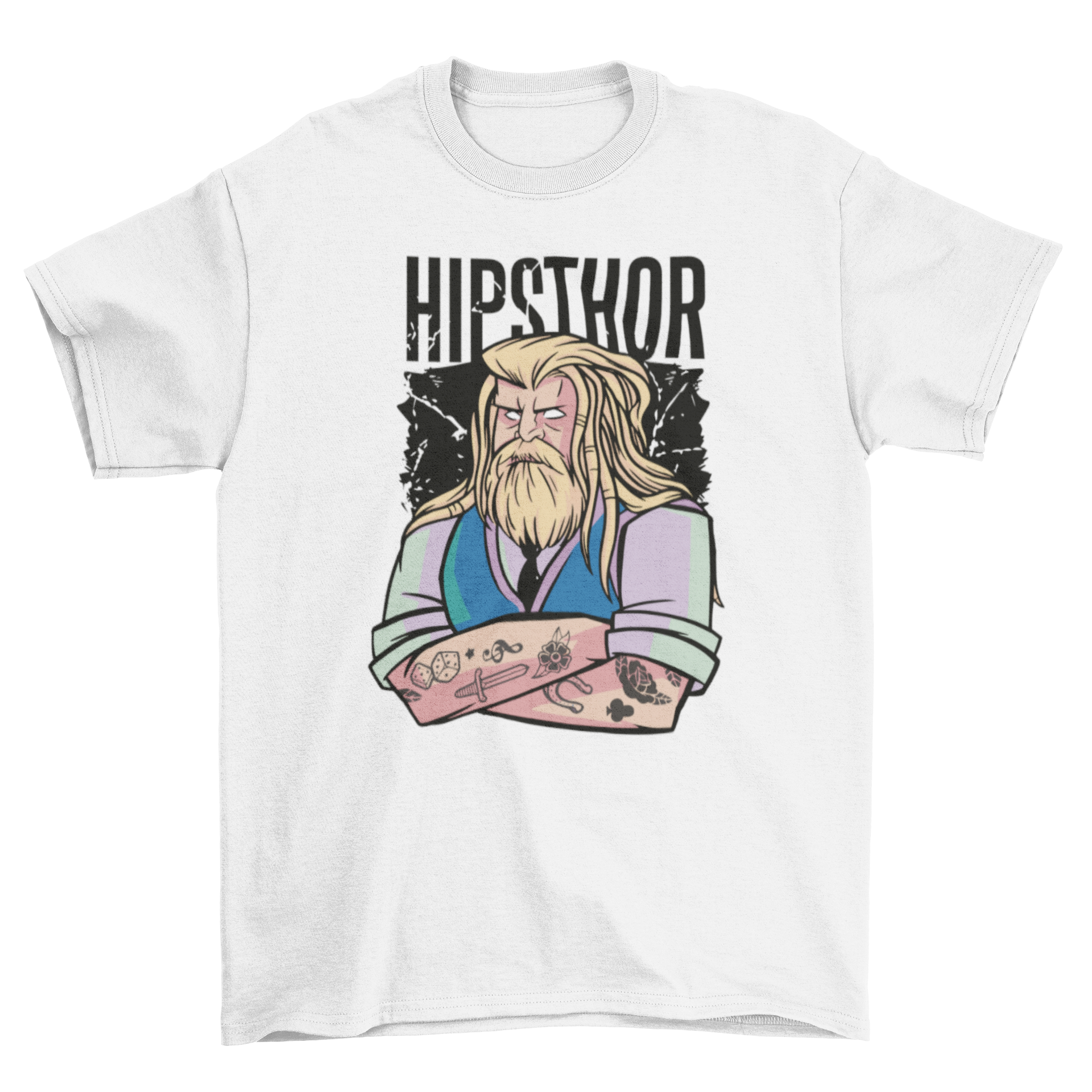 Hipster Thor cartoon t-shirt featuring a stylish cartoon design of Thor with glasses and a beanie.