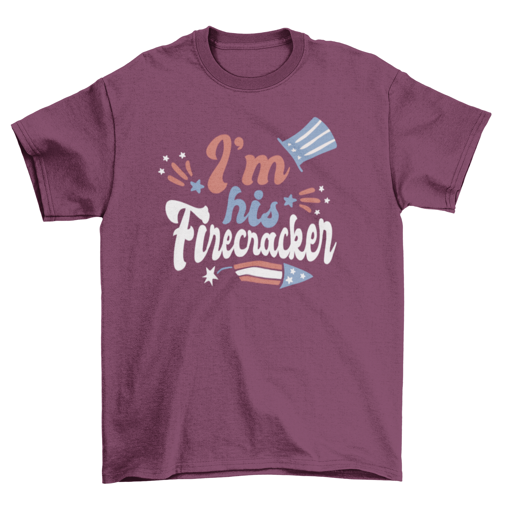 A vibrant t-shirt featuring a firework design and the quote 'I'm His Firecracker' for holiday celebrations.