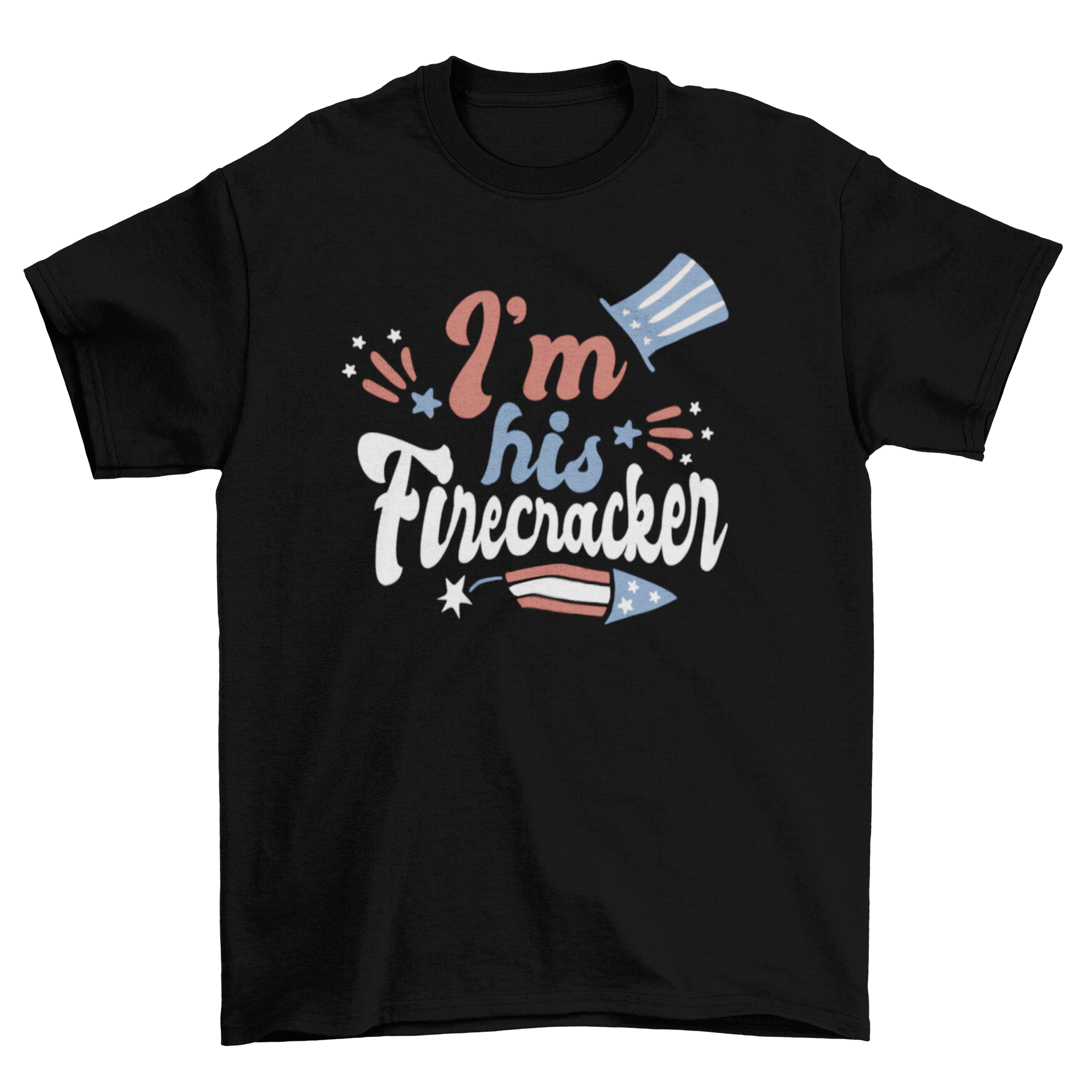 A vibrant t-shirt featuring a firework design and the quote 'I'm His Firecracker' for holiday celebrations.