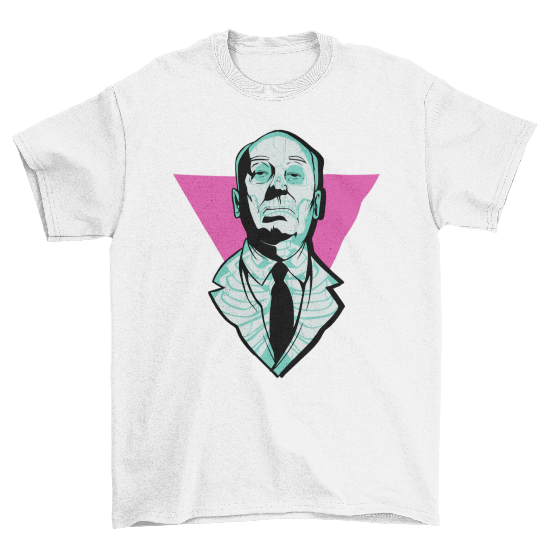 Hitchcock neon skull t-shirt featuring a vibrant portrait of Alfred Hitchcock with neon X-ray outlines.